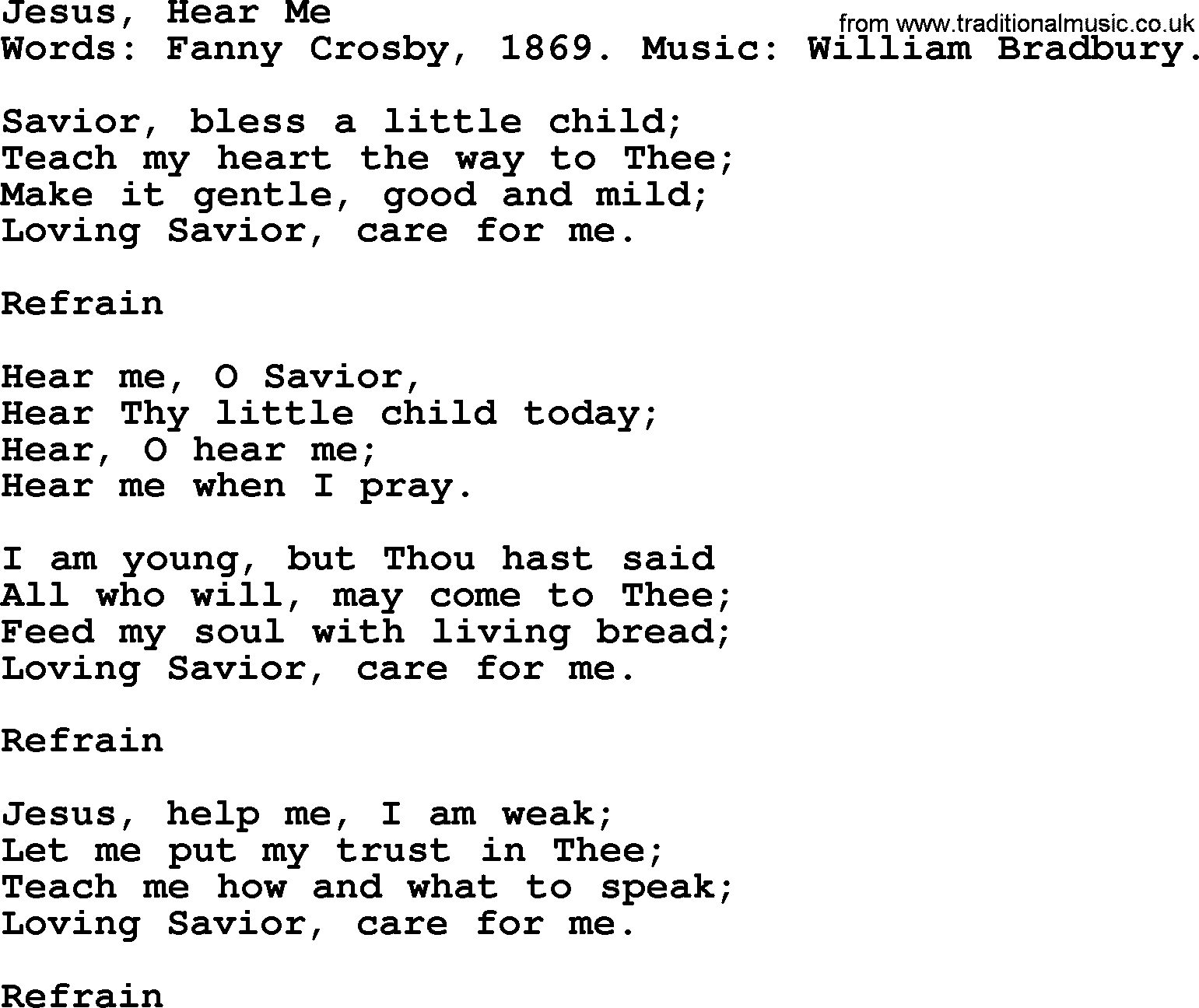 Fanny Crosby song: Jesus, Hear Me, lyrics
