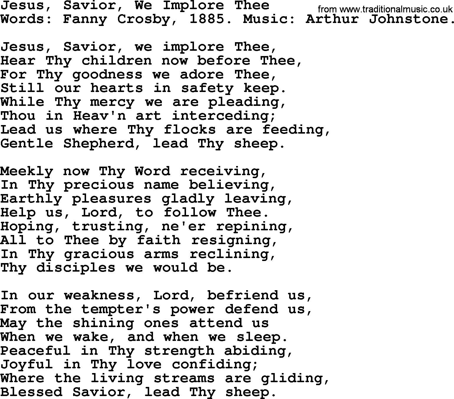 Fanny Crosby song: Jesus, Savior, We Implore Thee, lyrics