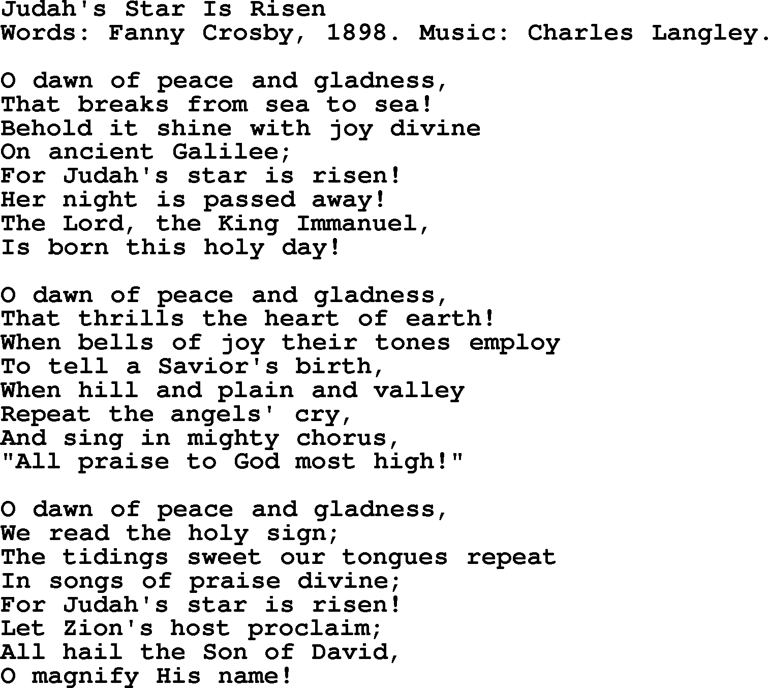 Fanny Crosby song: Judah's Star Is Risen, lyrics
