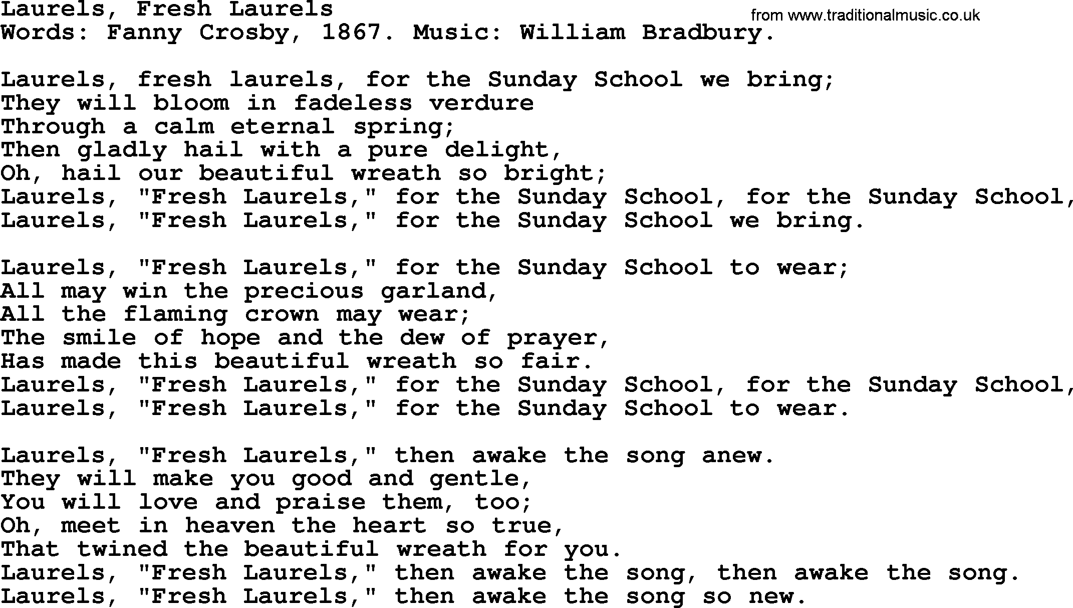 Fanny Crosby song: Laurels, Fresh Laurels, lyrics