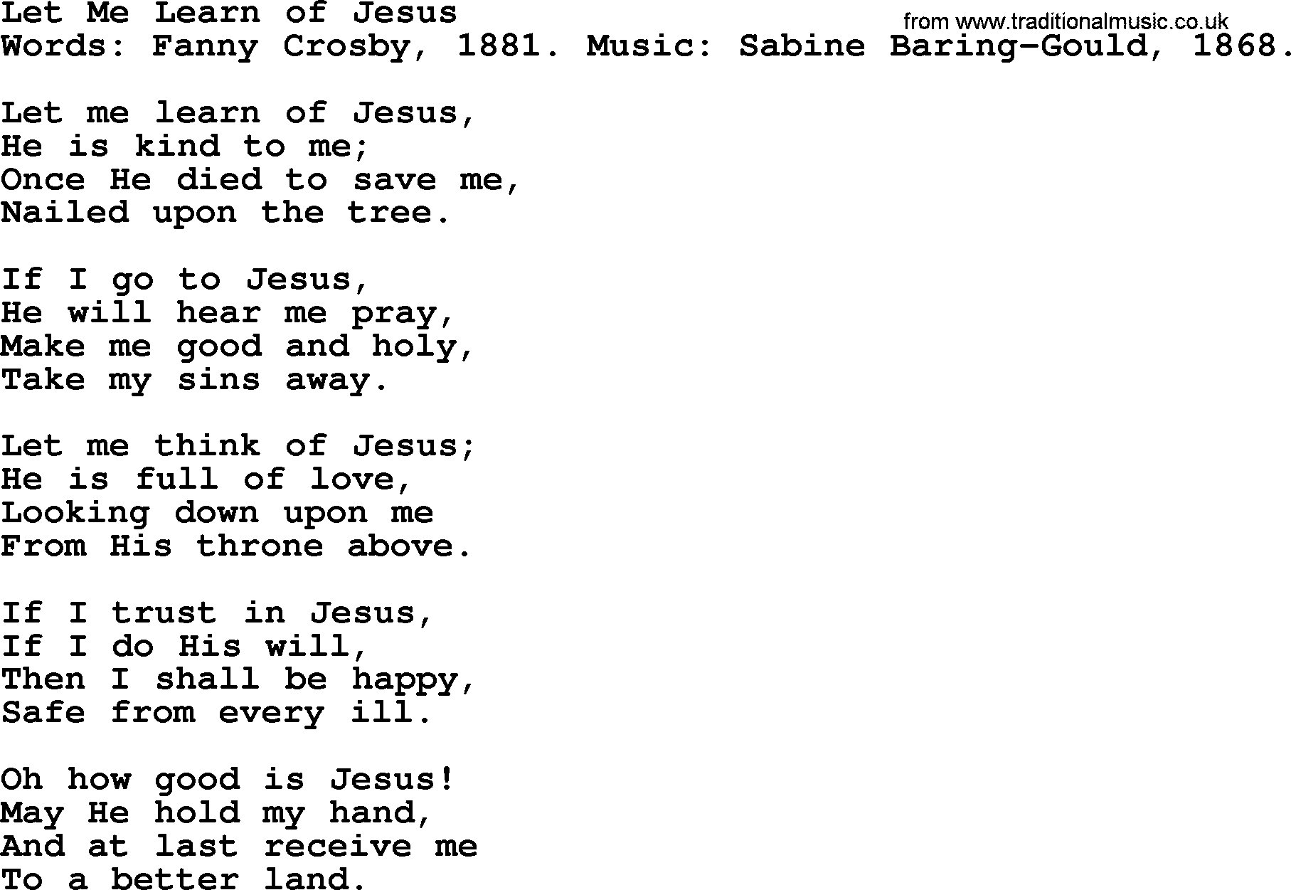 Fanny Crosby song: Let Me Learn Of Jesus, lyrics