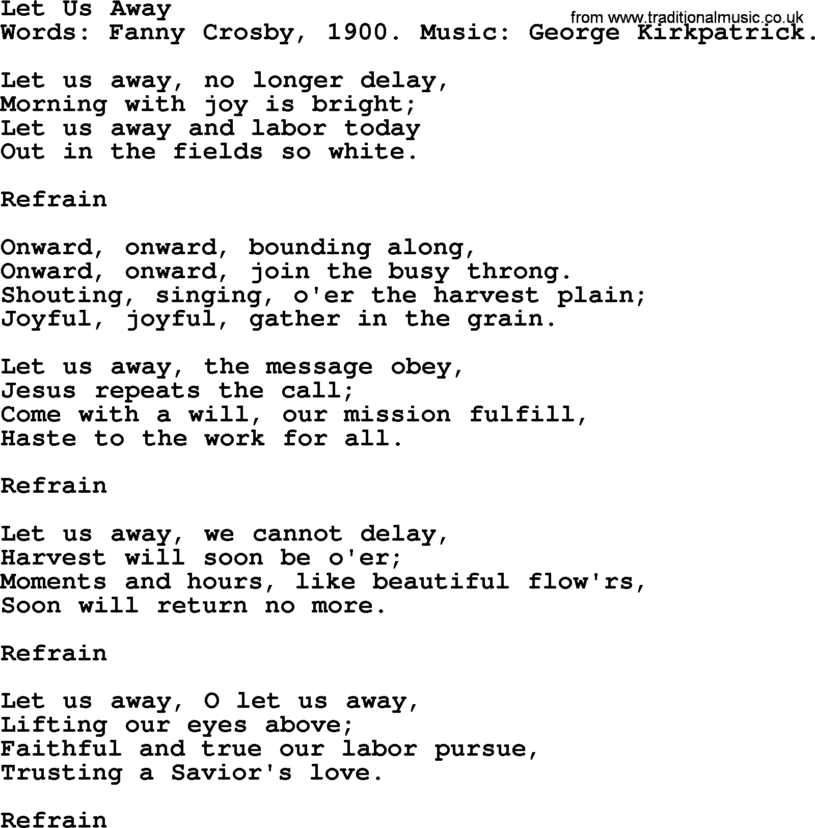 Fanny Crosby song: Let Us Away, lyrics