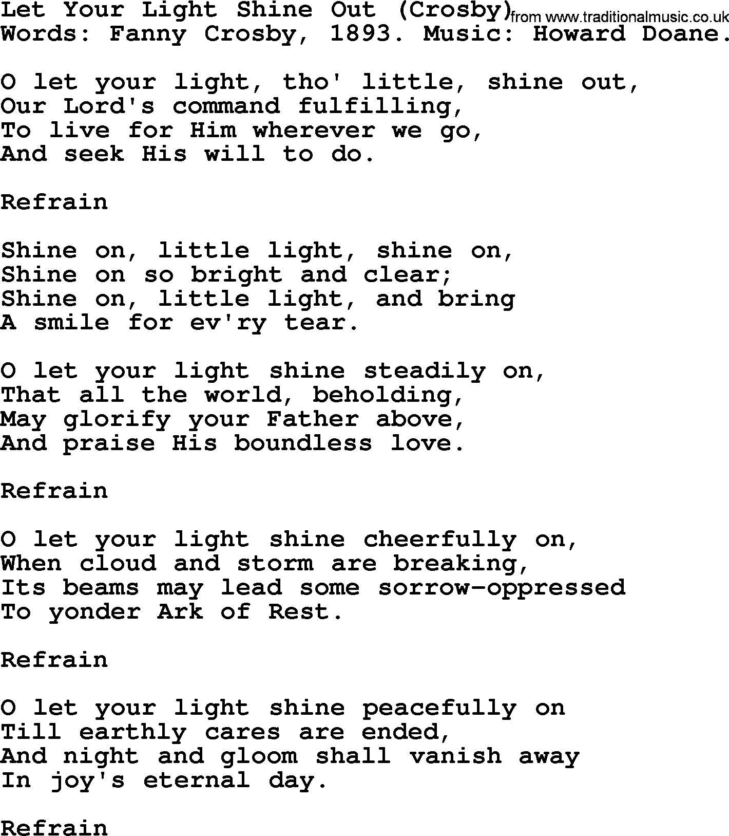 Fanny Crosby song: Let Your Light Shine Out, lyrics