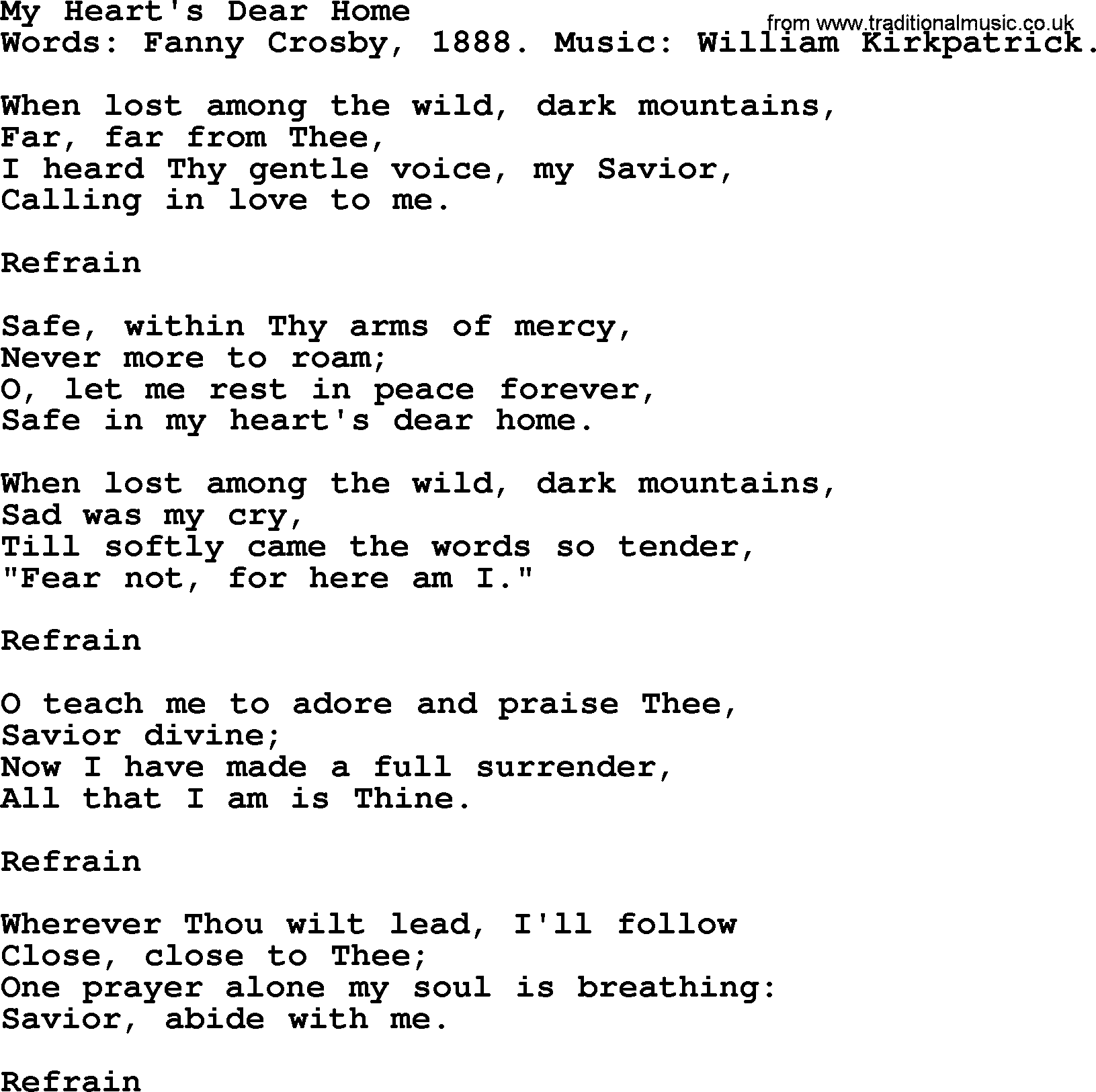 Fanny Crosby song: My Heart's Dear Home, lyrics