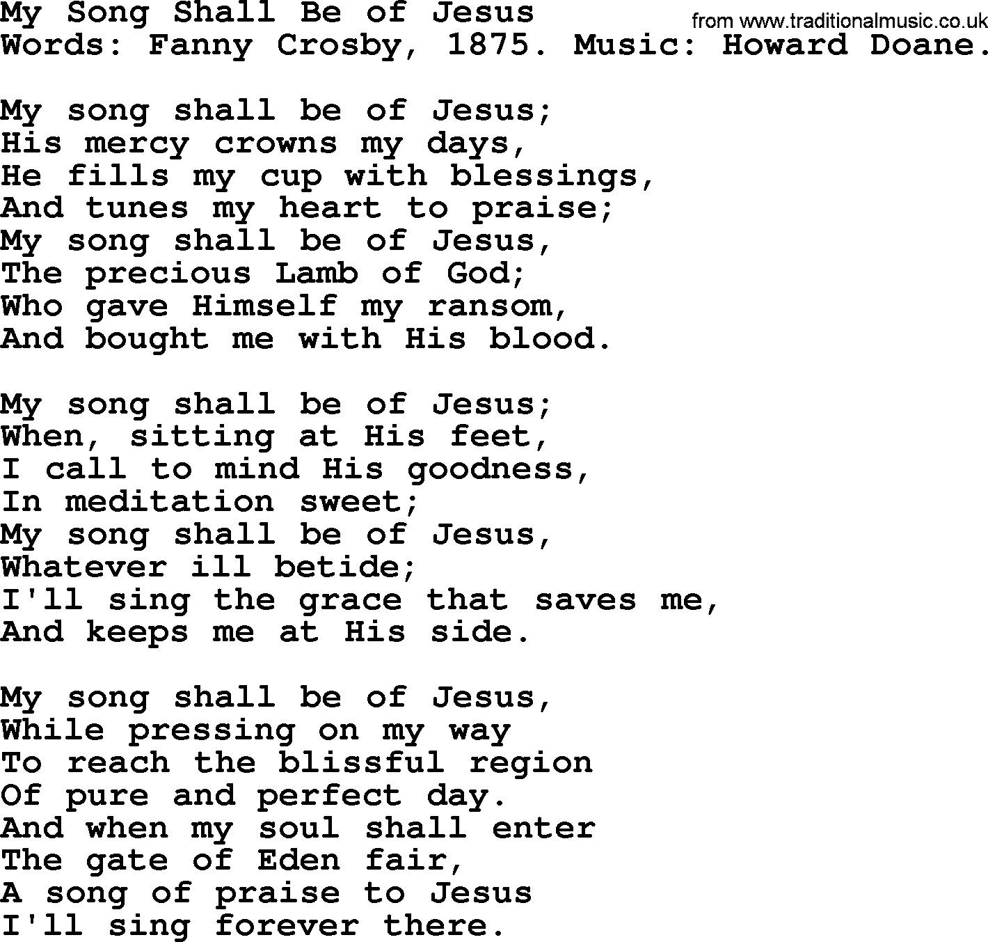 Fanny Crosby song: My Song Shall Be Of Jesus, lyrics