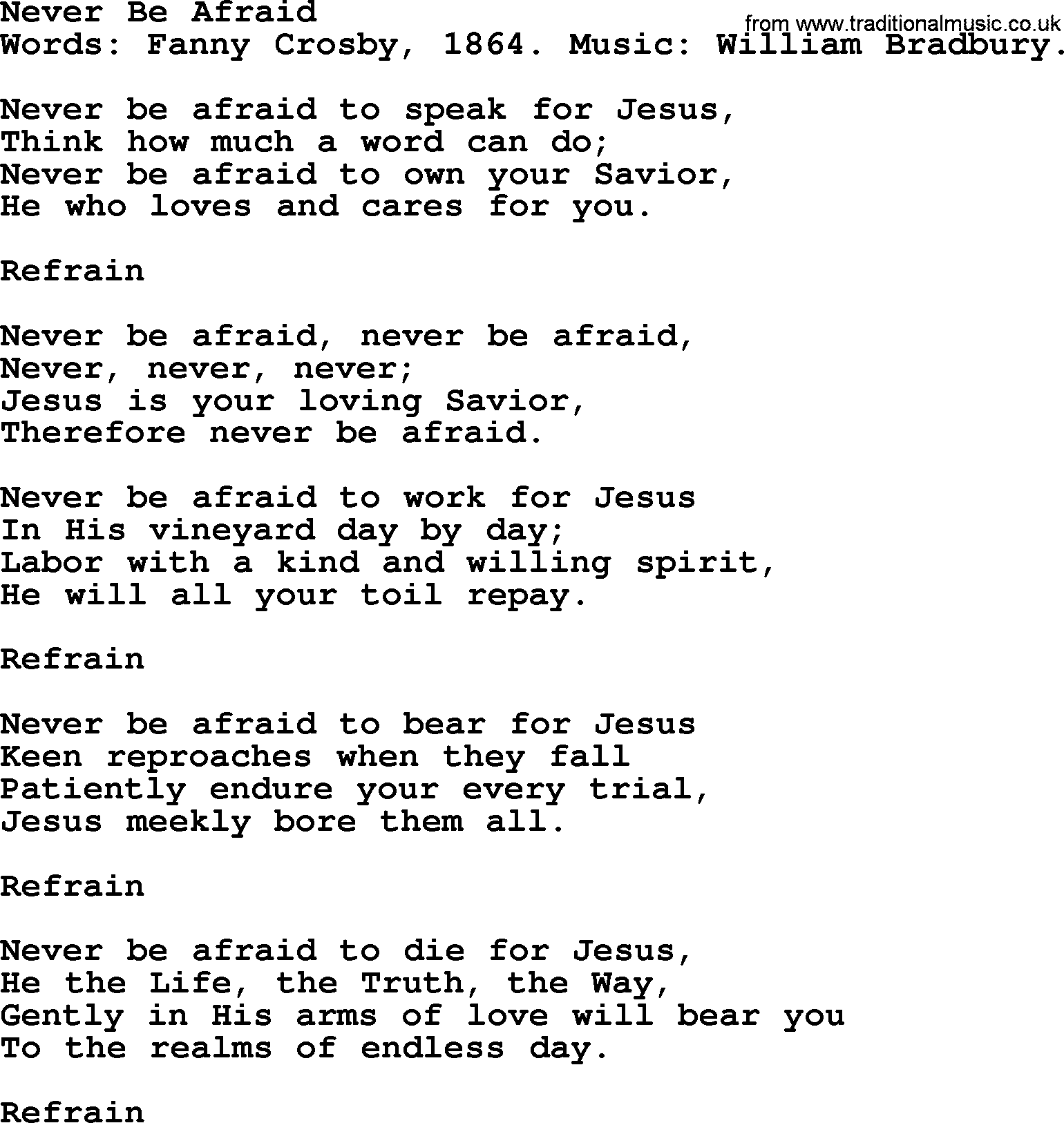 Fanny Crosby song: Never Be Afraid, lyrics