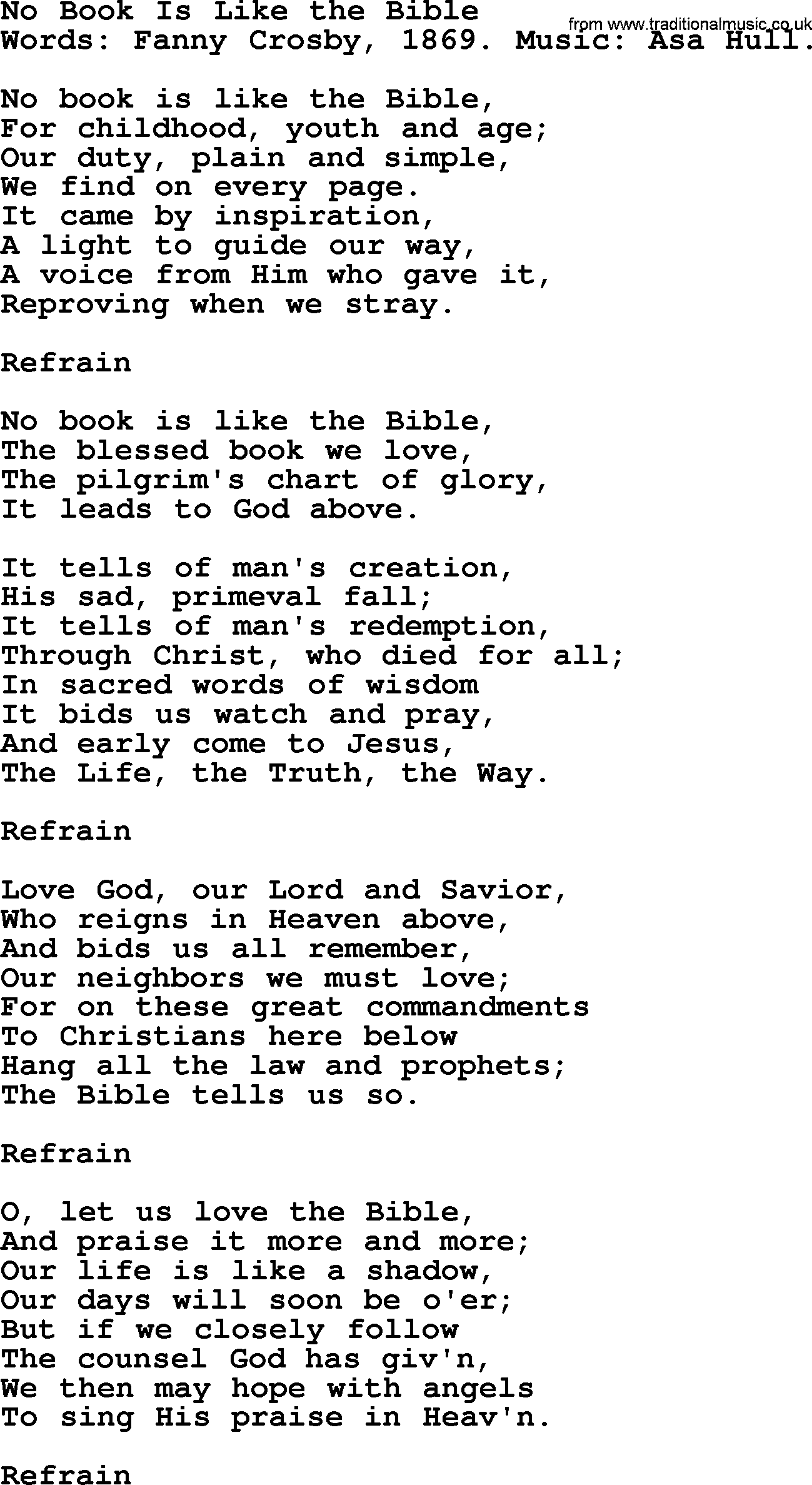 Fanny Crosby song: No Book Is Like The Bible, lyrics