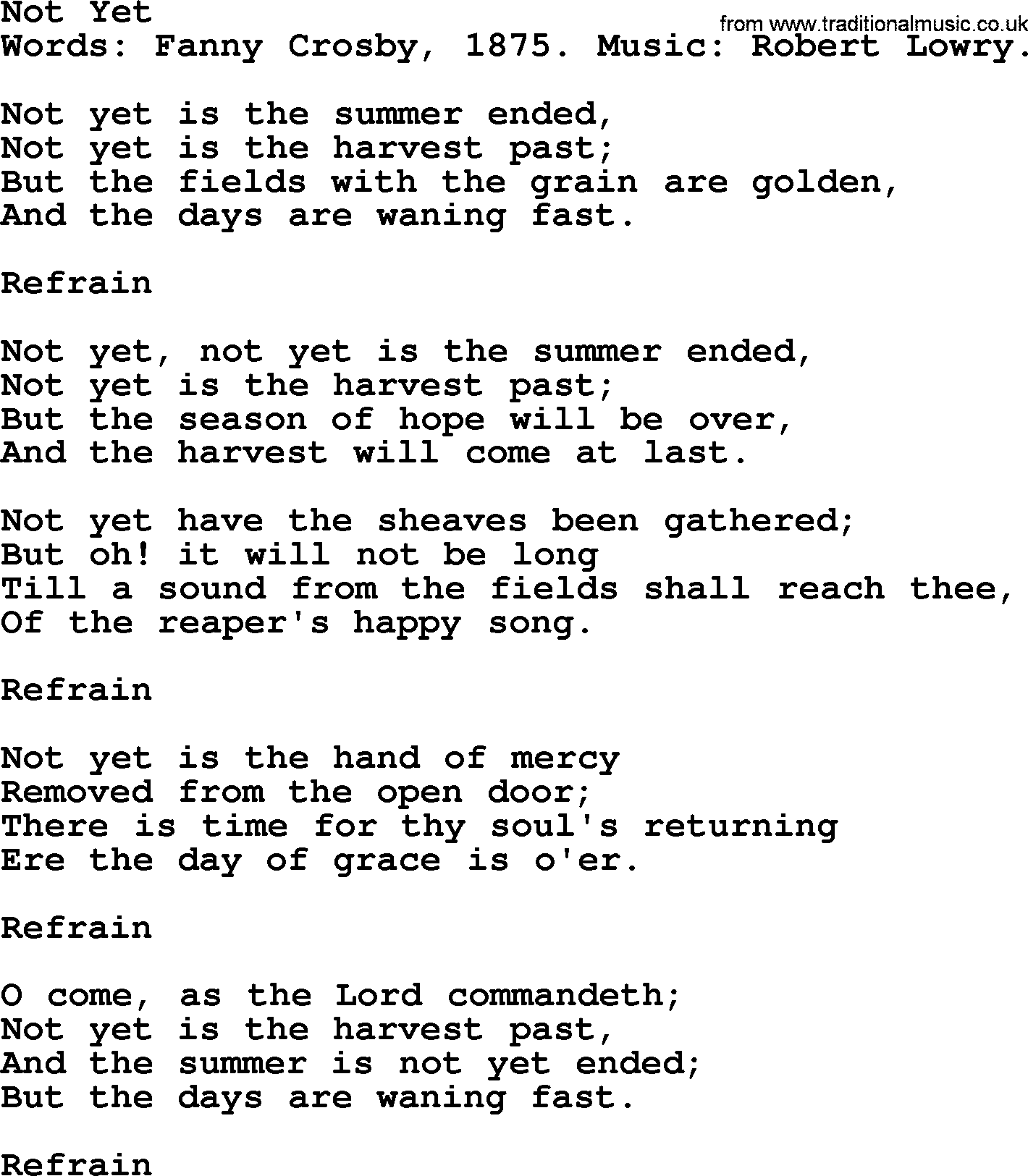 Fanny Crosby song: Not Yet, lyrics