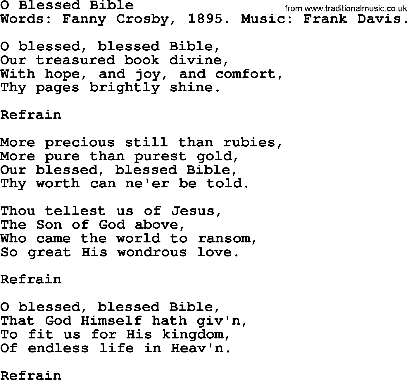 Fanny Crosby song: O Blessed Bible, lyrics