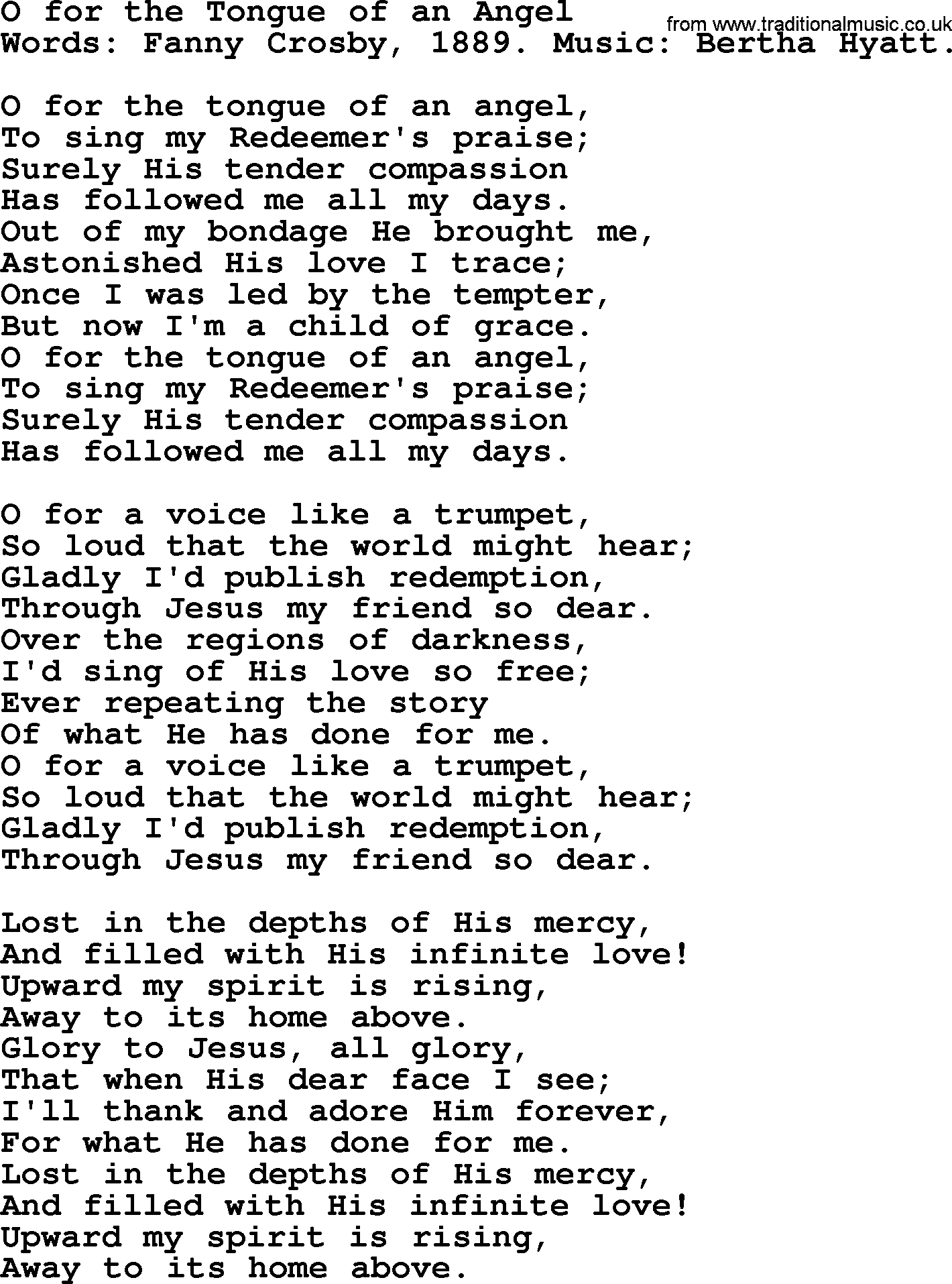 Fanny Crosby song: O For The Tongue Of An Angel, lyrics