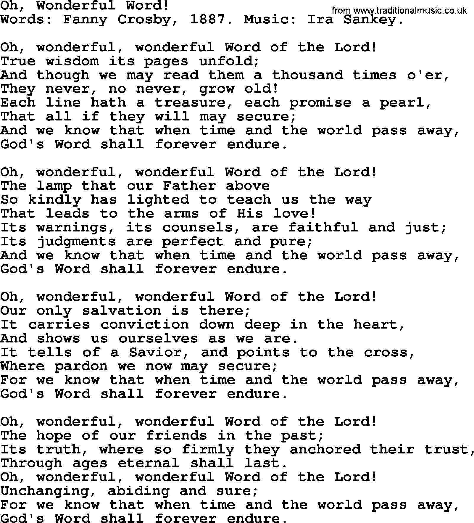 Fanny Crosby song: Oh, Wonderful Word!, lyrics