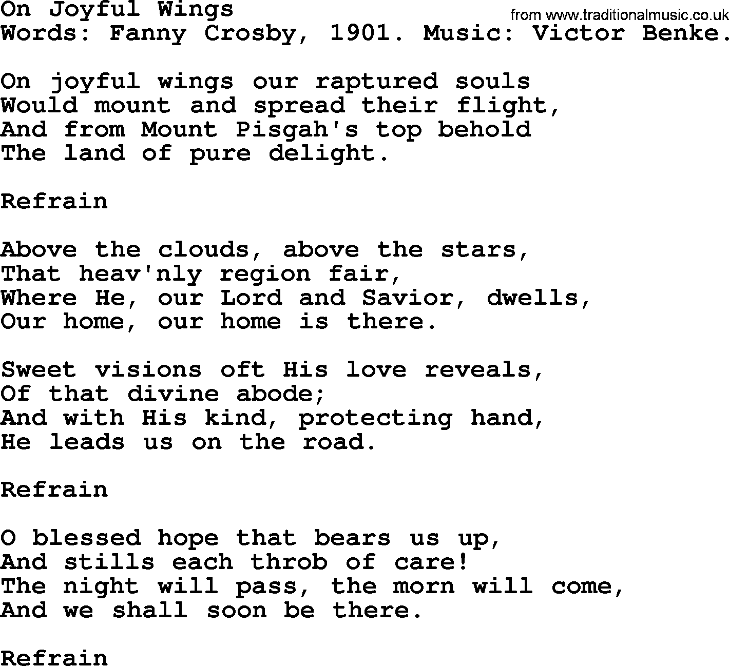 Fanny Crosby song: On Joyful Wings, lyrics