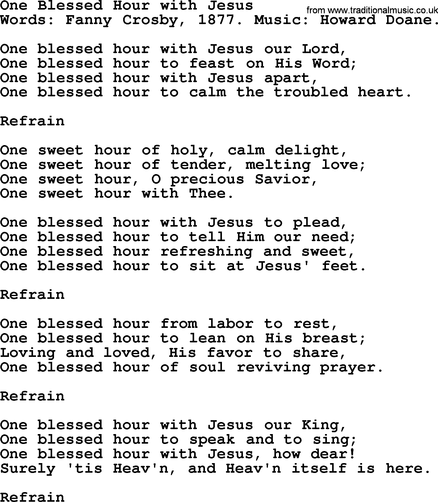 Fanny Crosby song: One Blessed Hour With Jesus, lyrics