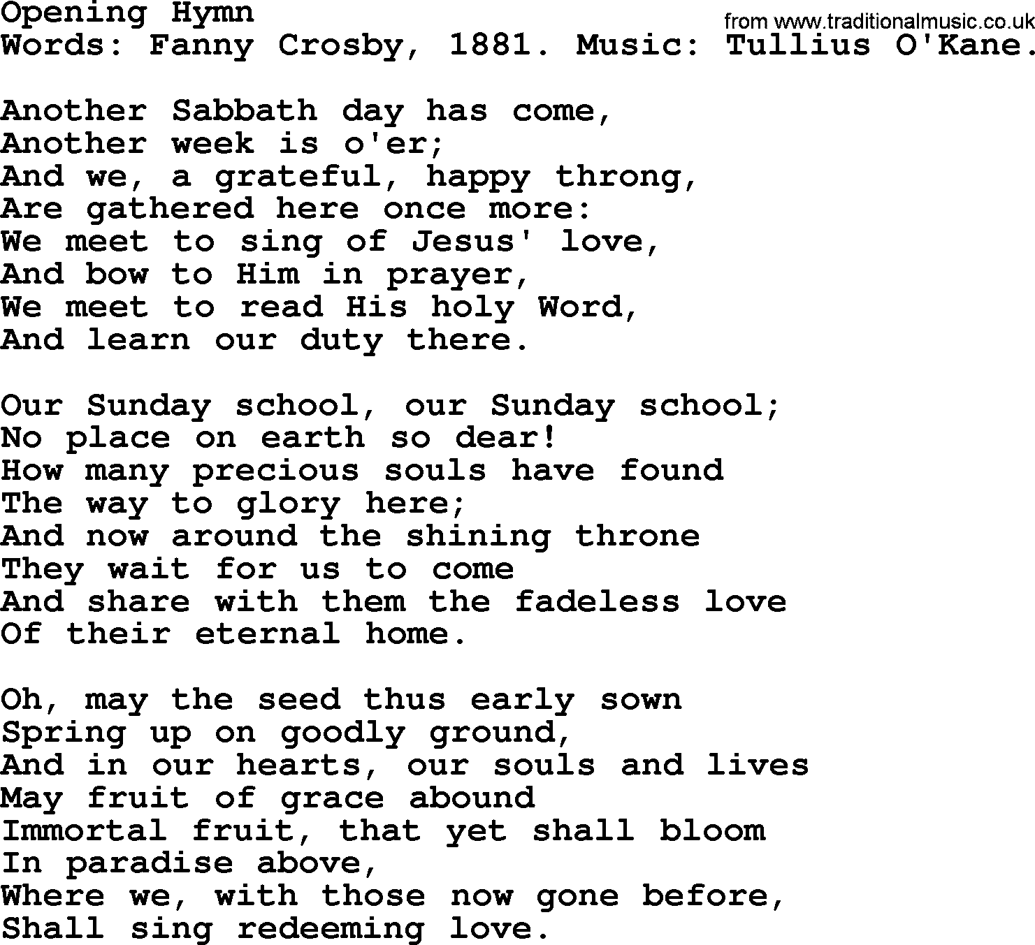 Fanny Crosby song: Opening Hymn, lyrics