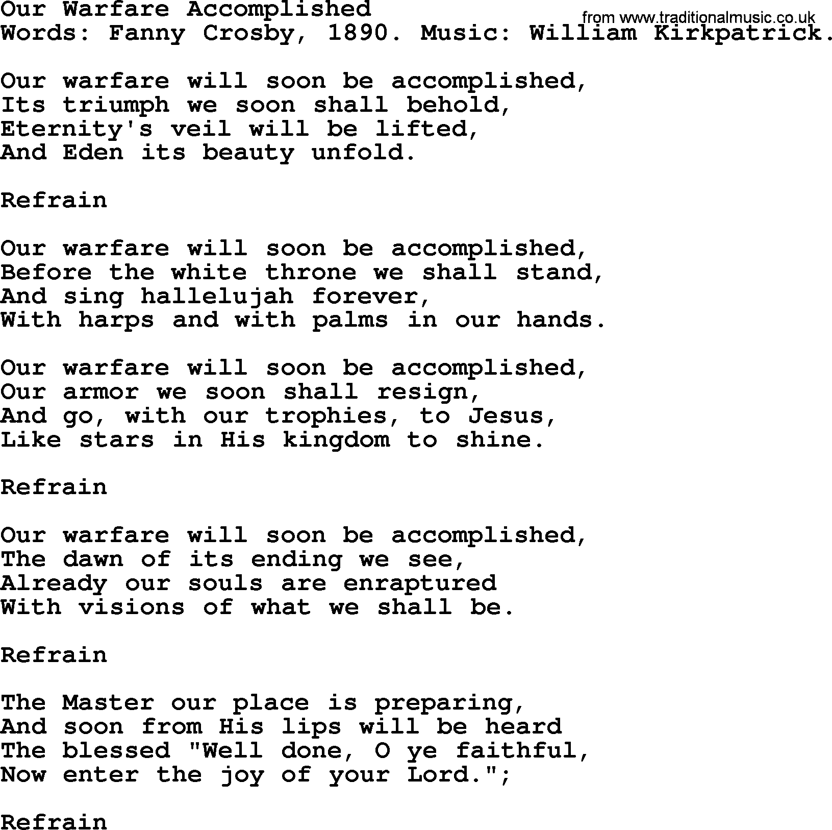 Fanny Crosby song: Our Warfare Accomplished, lyrics