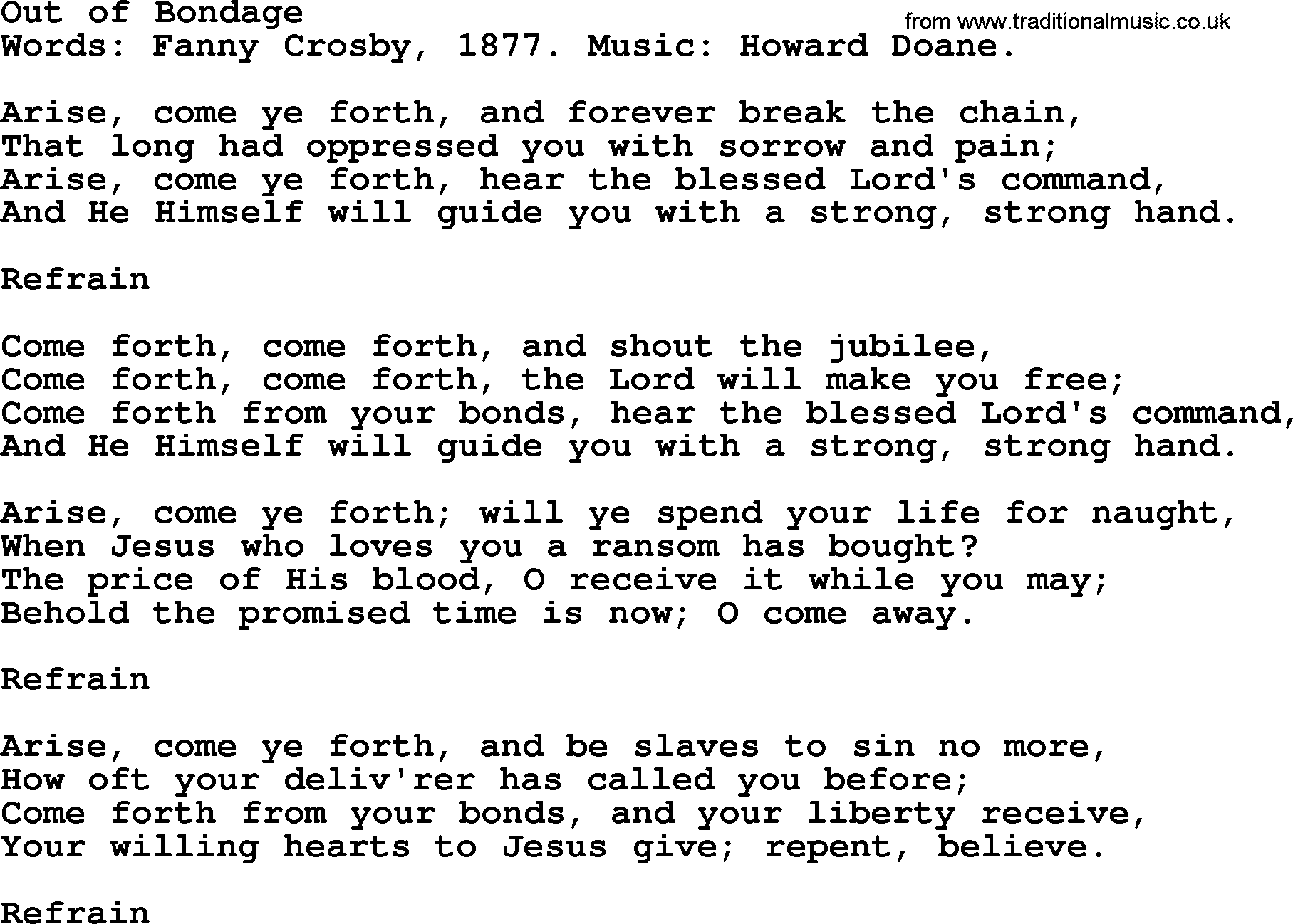 Fanny Crosby song: Out Of Bondage, lyrics