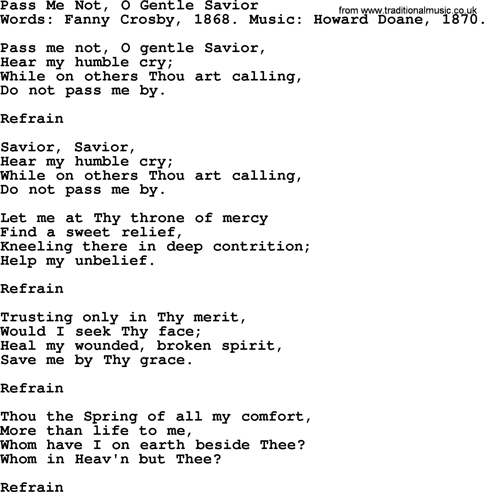 Fanny Crosby song: Pass Me Not, O Gentle Savior, lyrics