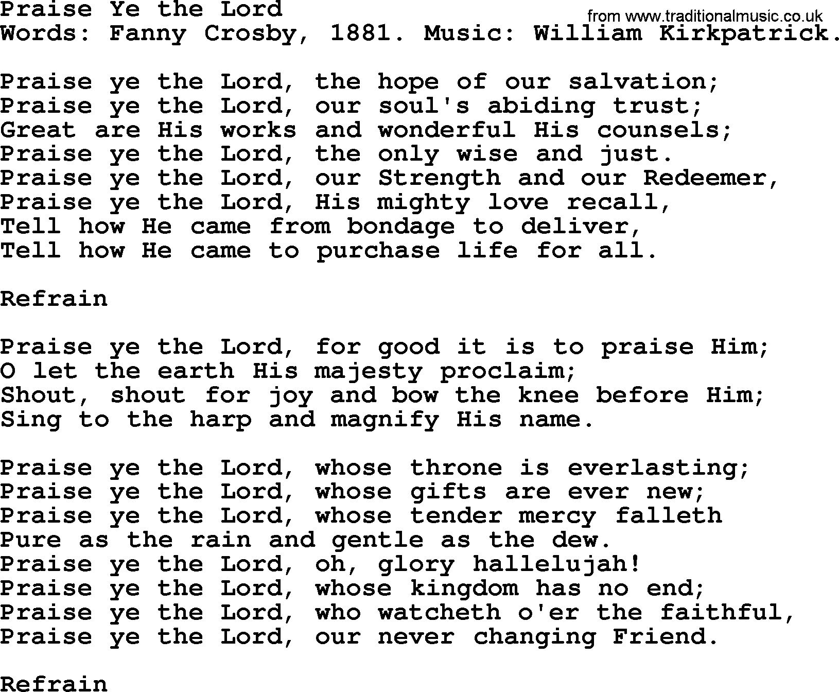 Fanny Crosby song: Praise Ye The Lord, lyrics