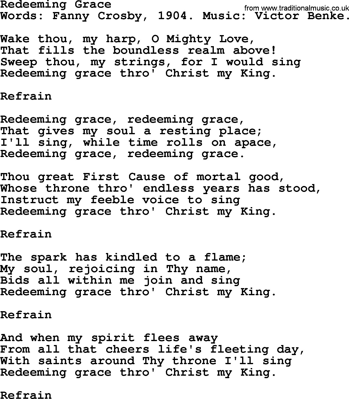 Fanny Crosby song: Redeeming Grace, lyrics