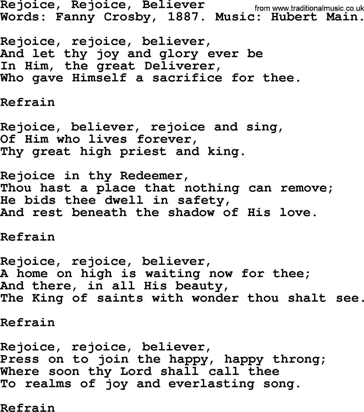 Fanny Crosby song: Rejoice, Rejoice, Believer, lyrics