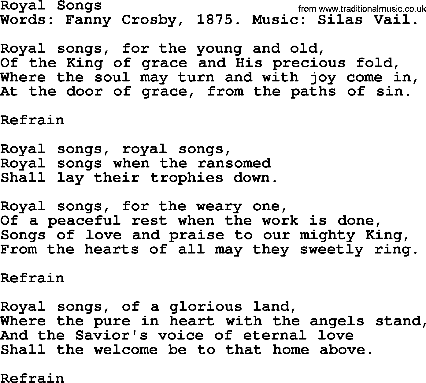 Fanny Crosby song: Royal Songs, lyrics