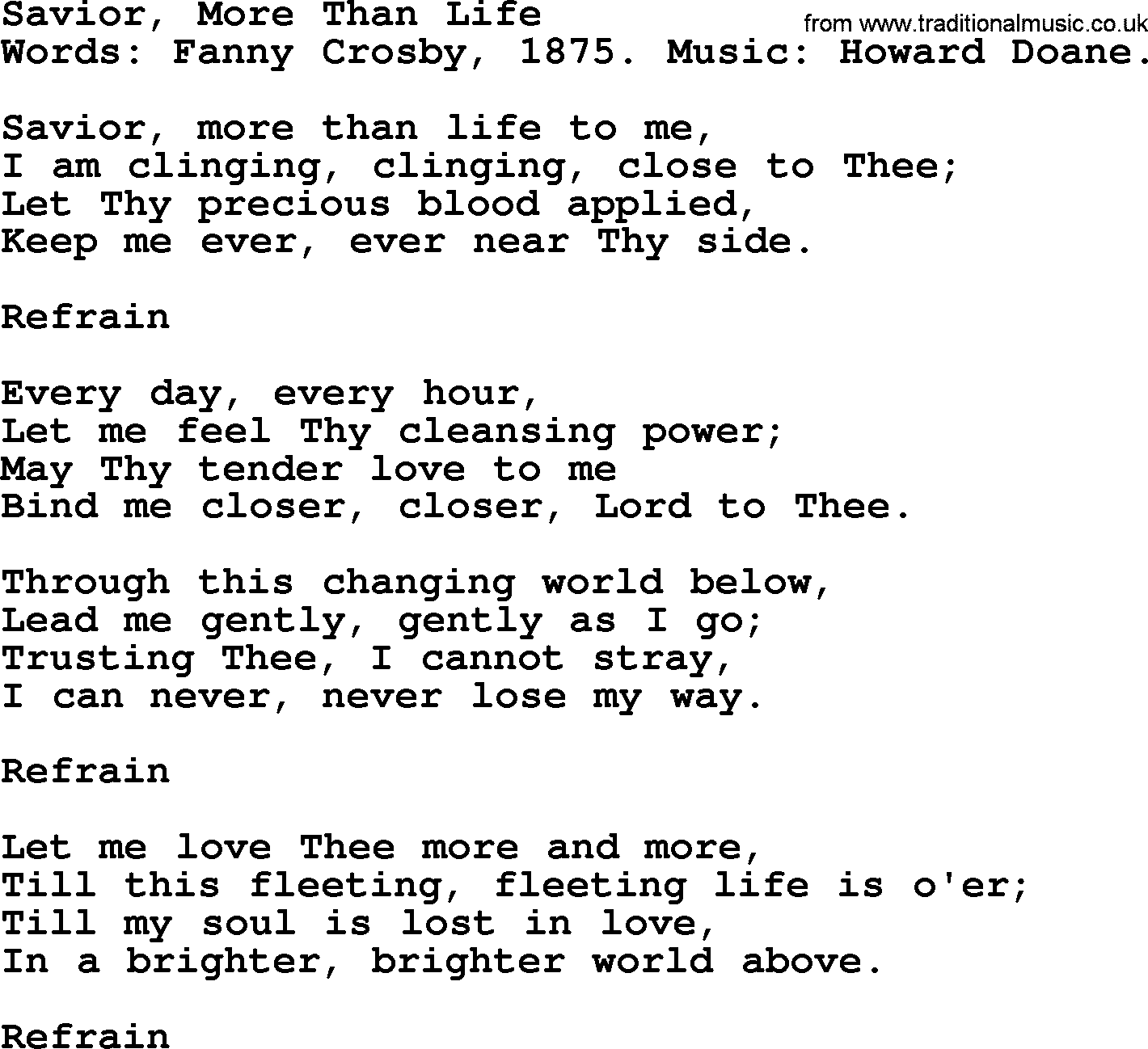 Fanny Crosby song: Savior, More Than Life, lyrics