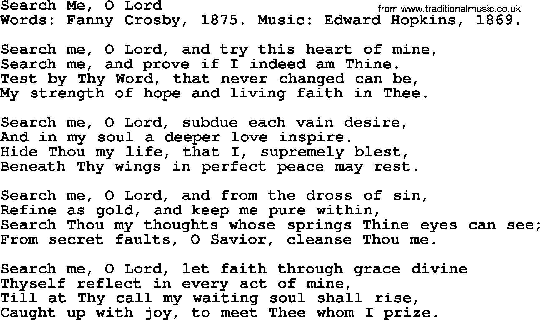 Fanny Crosby song: Search Me, O Lord, lyrics