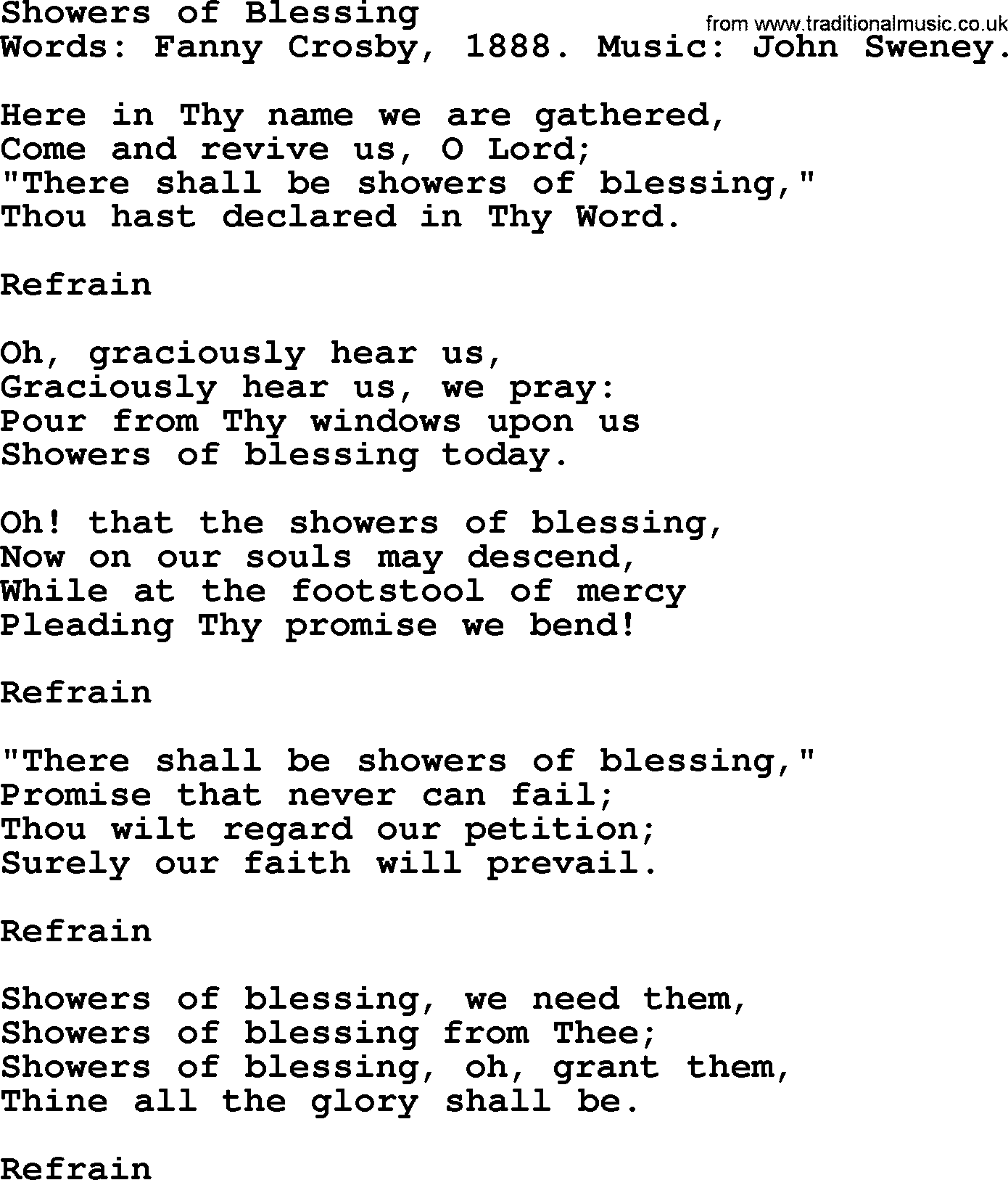 Fanny Crosby song: Showers Of Blessing, lyrics