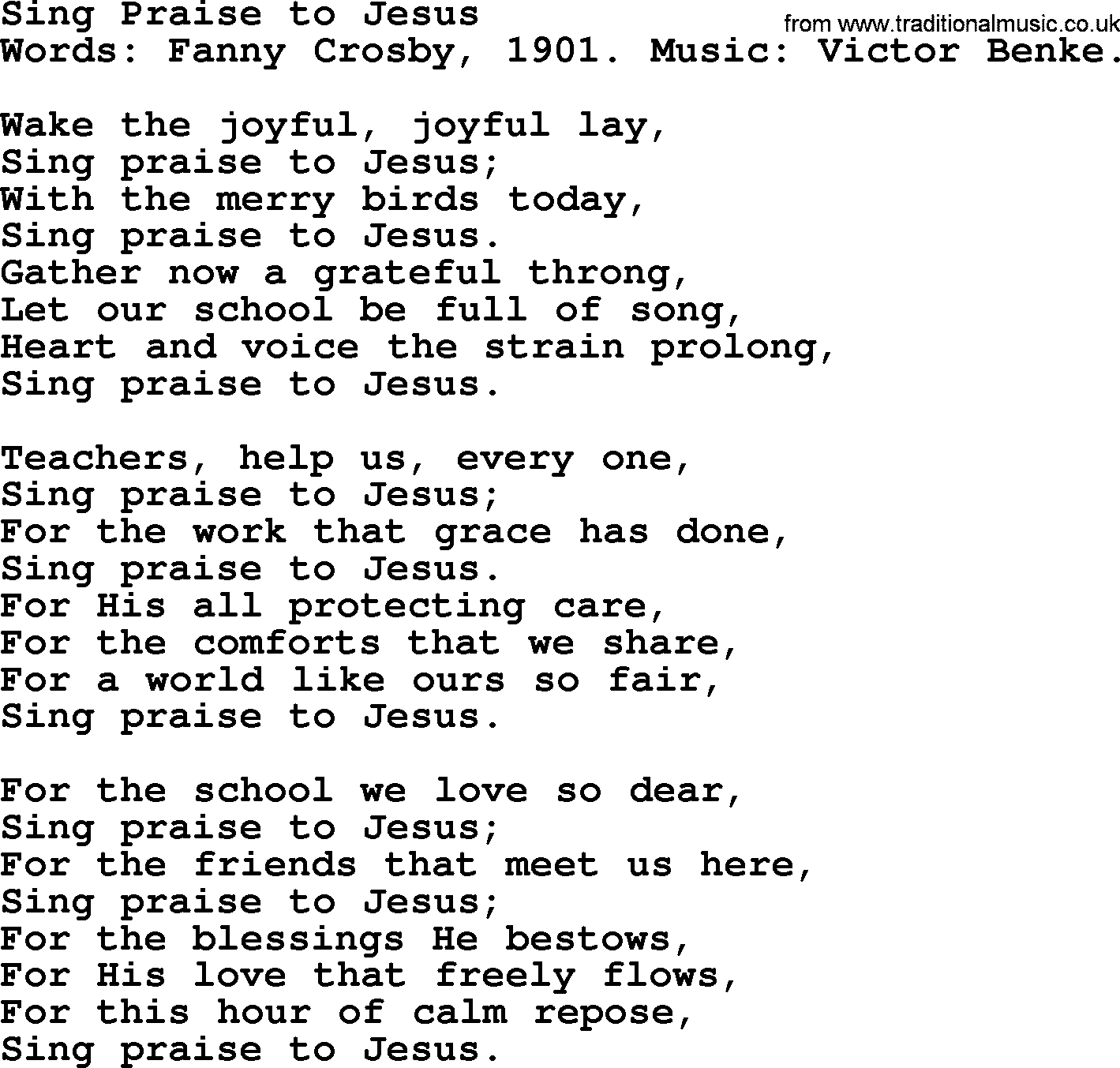 Fanny Crosby song: Sing Praise To Jesus, lyrics