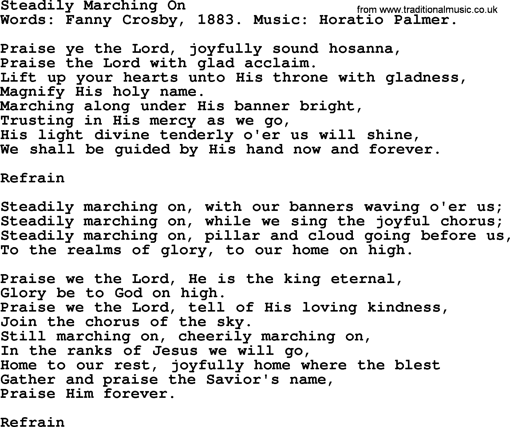 Fanny Crosby song: Steadily Marching On, lyrics