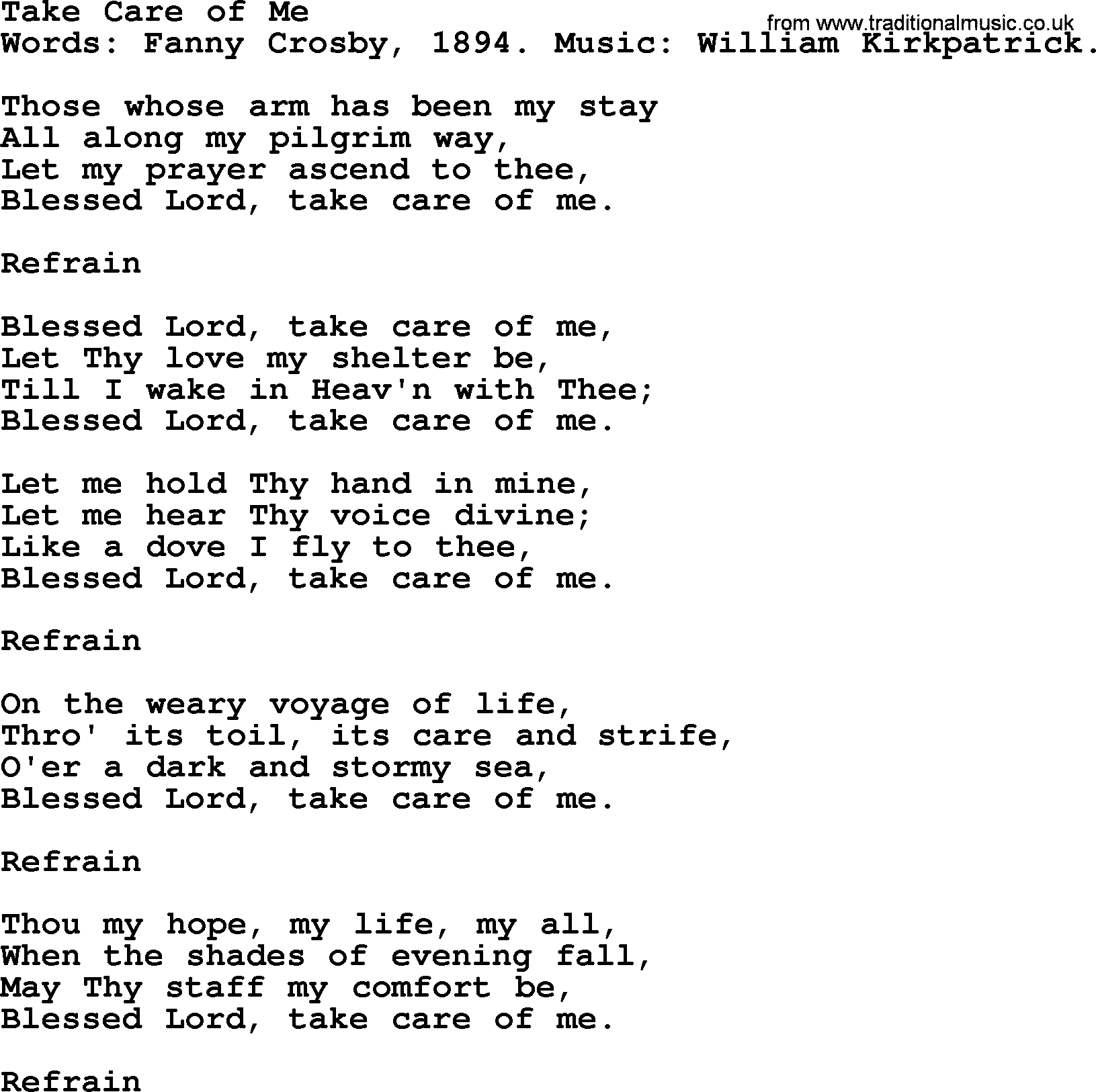Fanny Crosby song: Take Care Of Me, lyrics