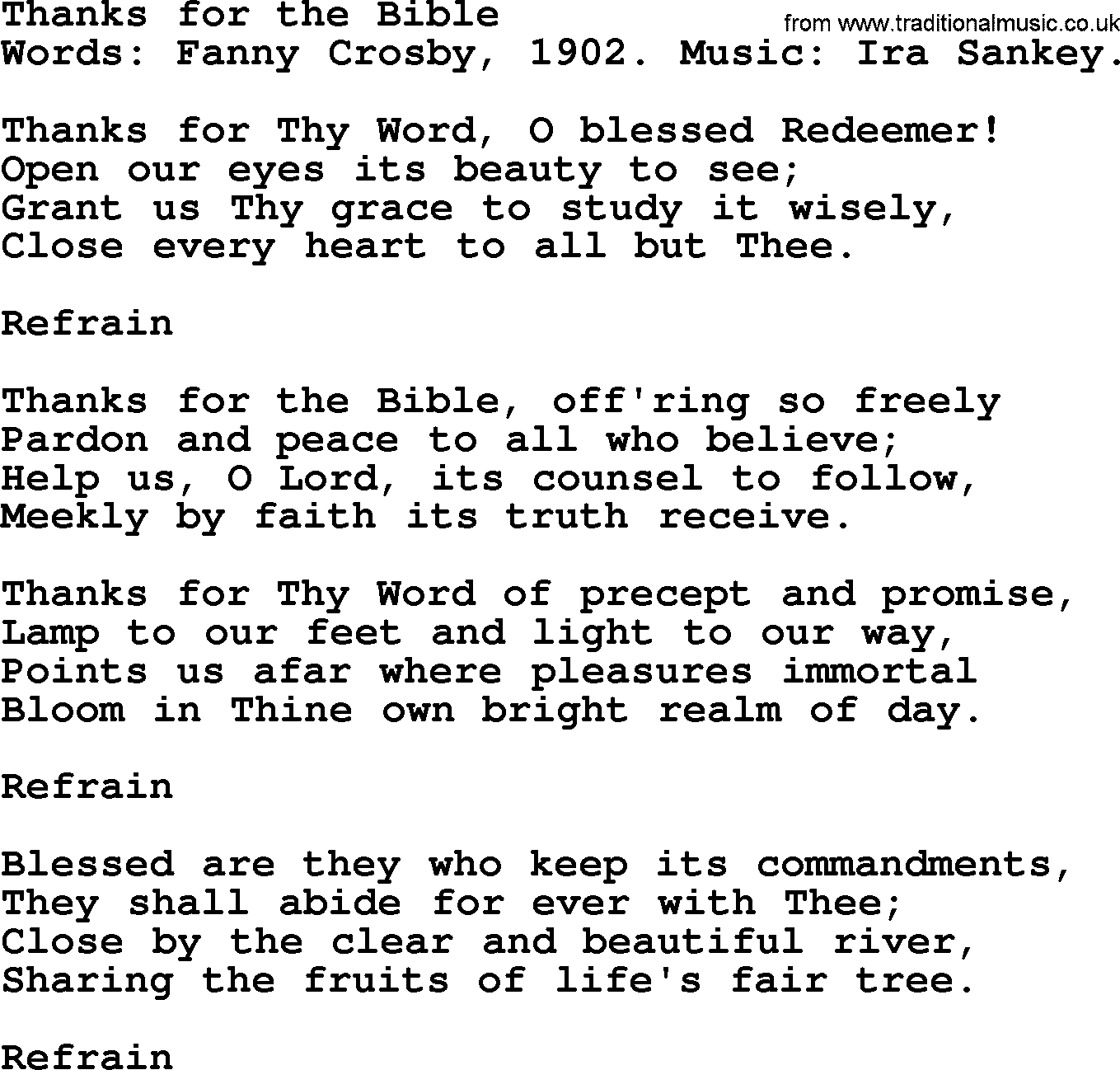 Fanny Crosby song: Thanks For The Bible, lyrics