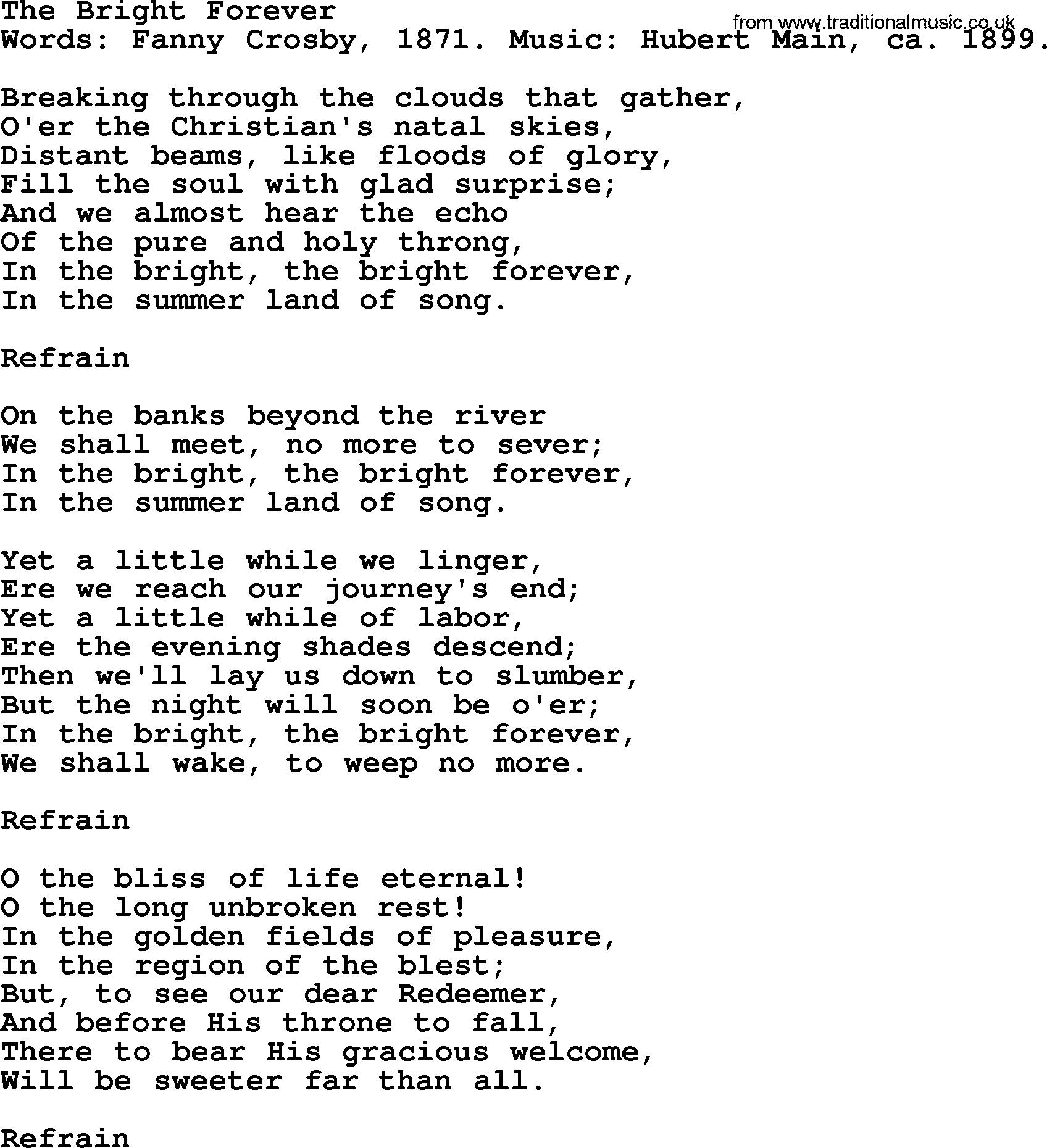 Fanny Crosby song: The Bright Forever, lyrics