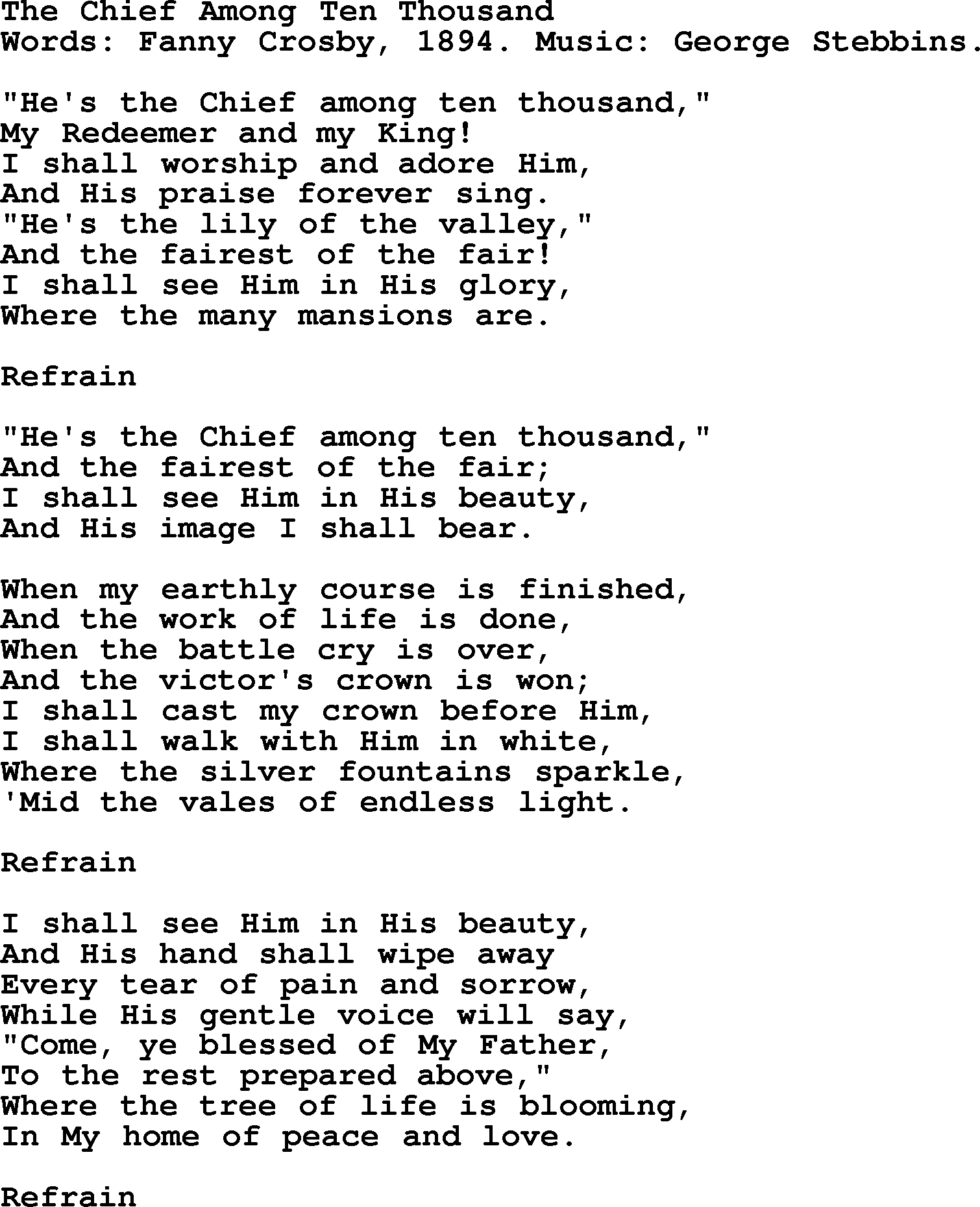 Fanny Crosby song: The Chief Among Ten Thousand, lyrics