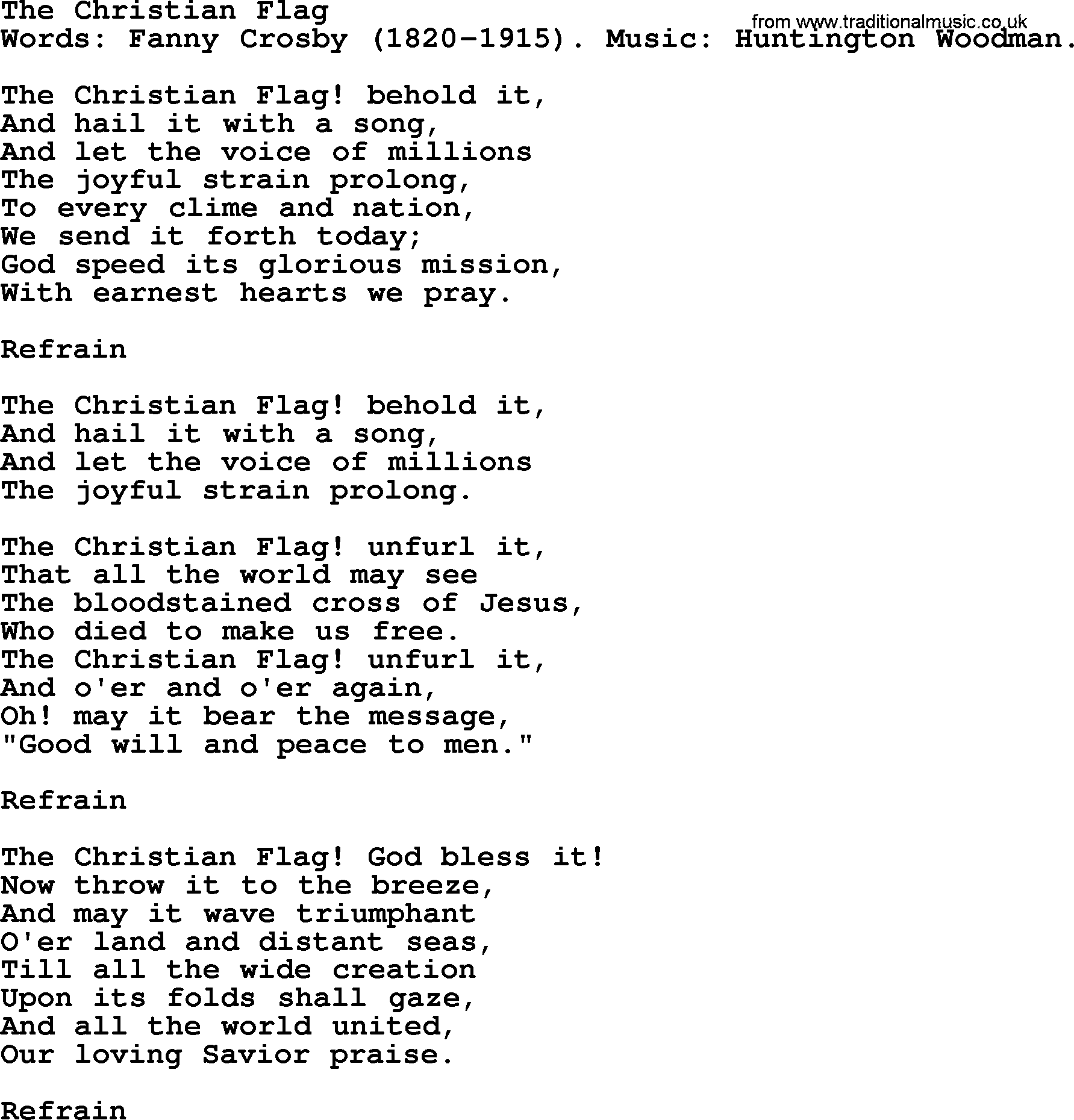 Fanny Crosby song: The Christian Flag, lyrics