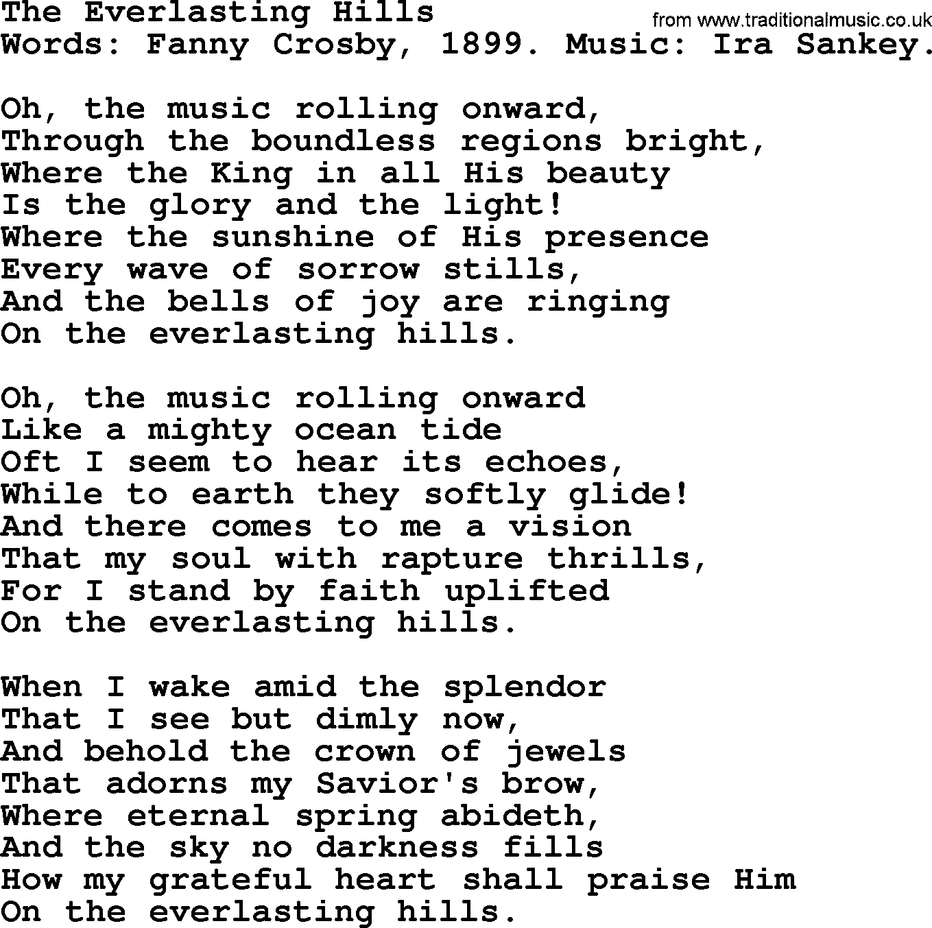 Fanny Crosby song: The Everlasting Hills, lyrics