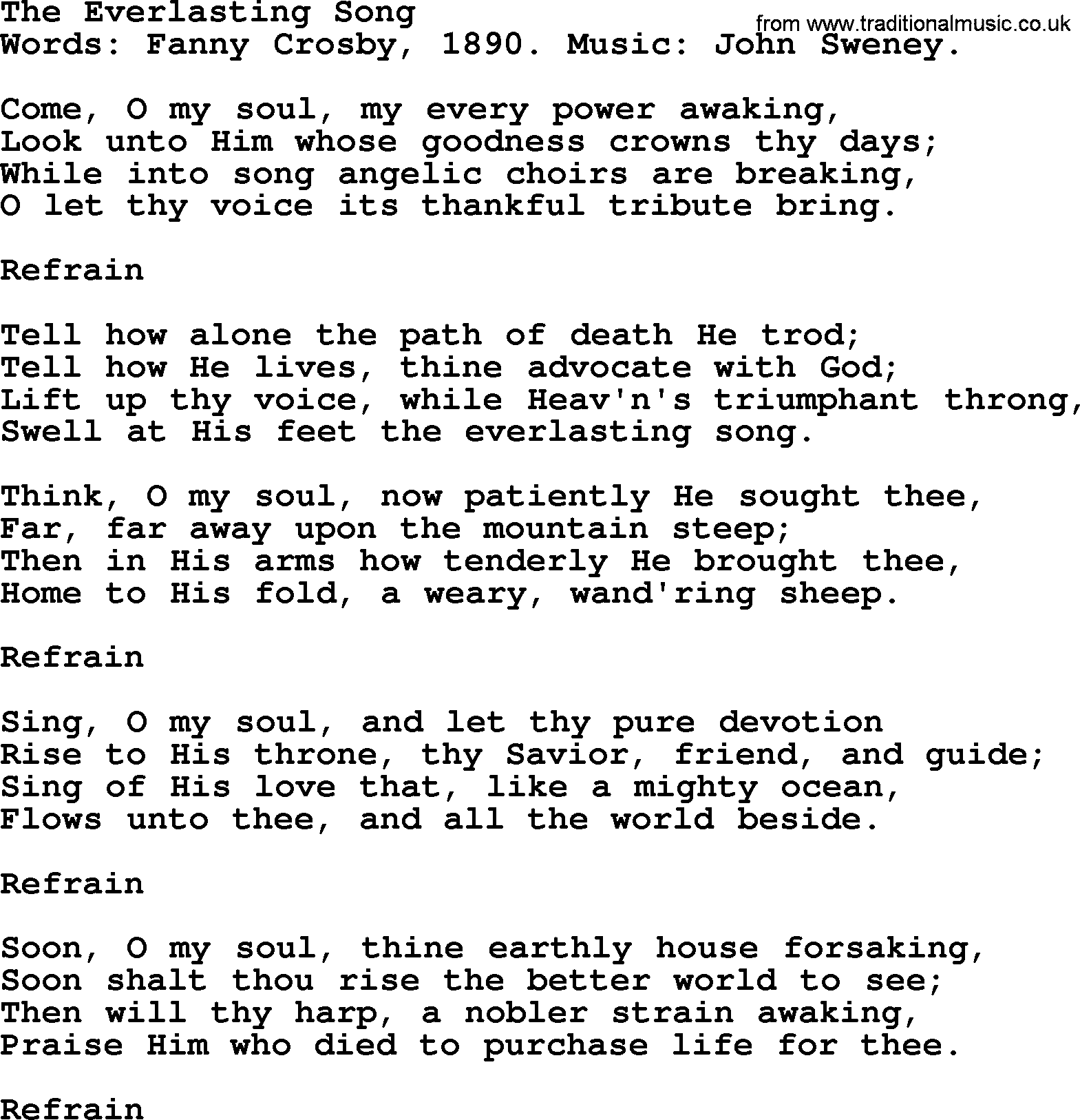 Fanny Crosby song: The Everlasting Song, lyrics