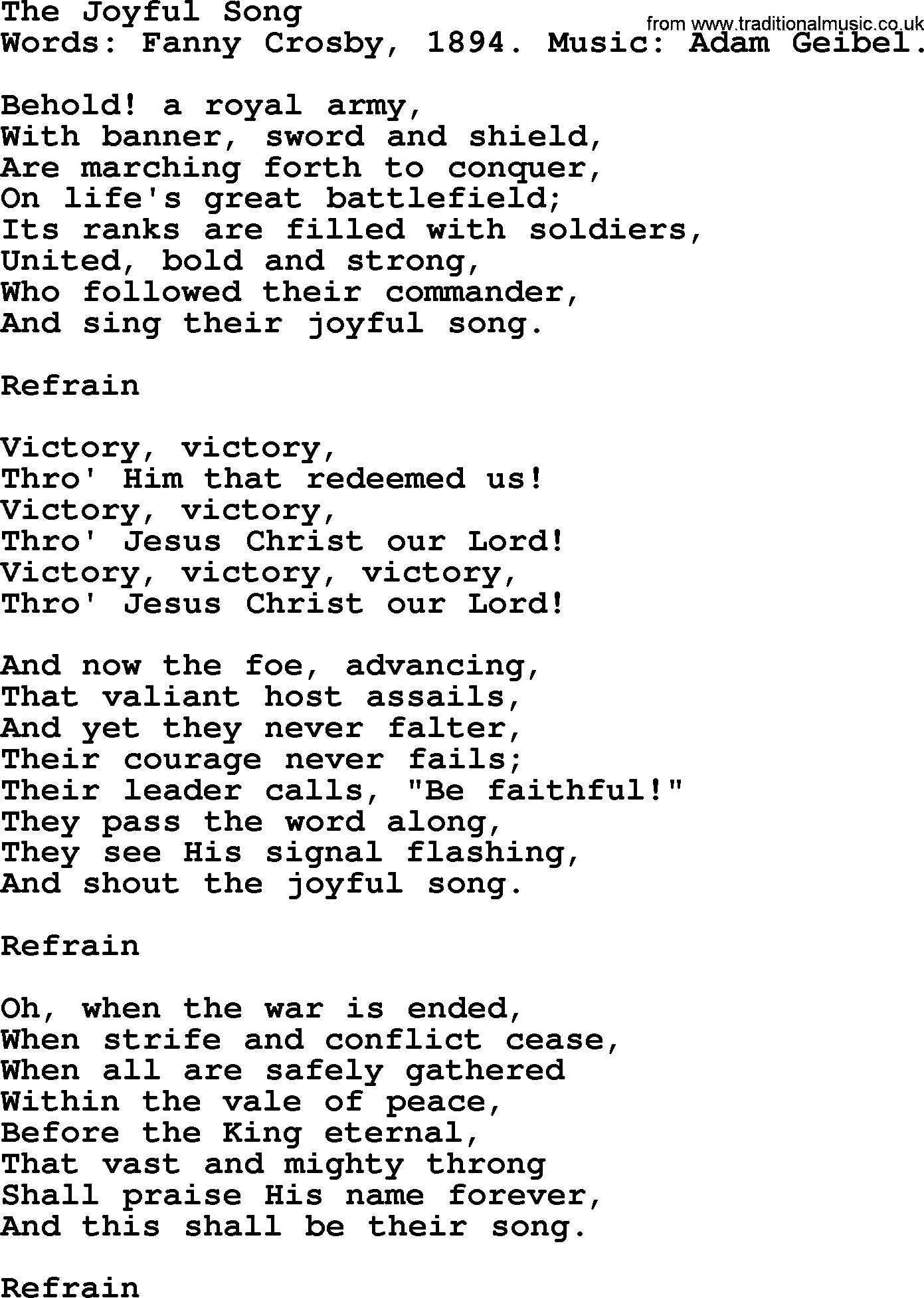 Fanny Crosby song: The Joyful Song, lyrics