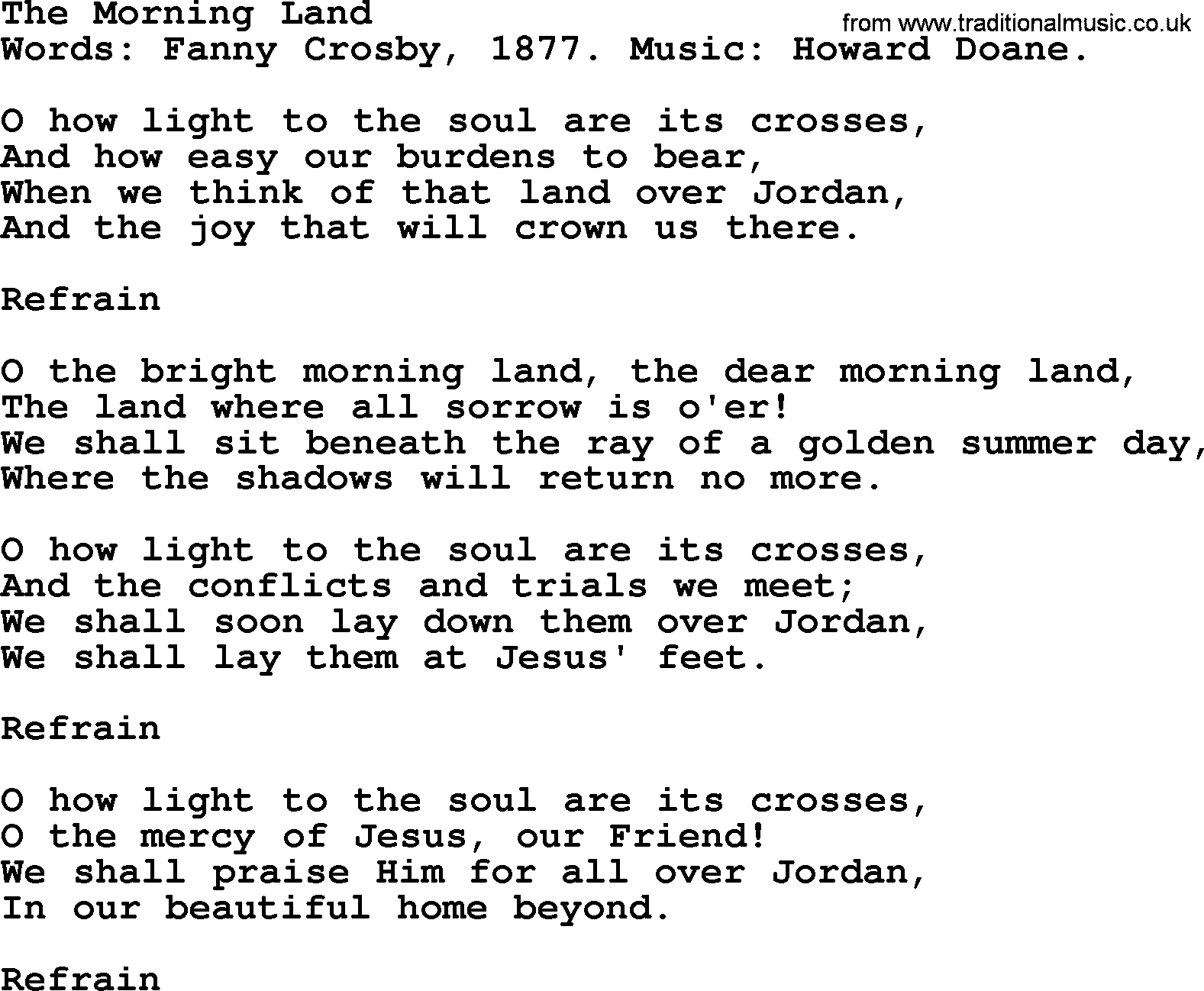 Fanny Crosby song: The Morning Land, lyrics