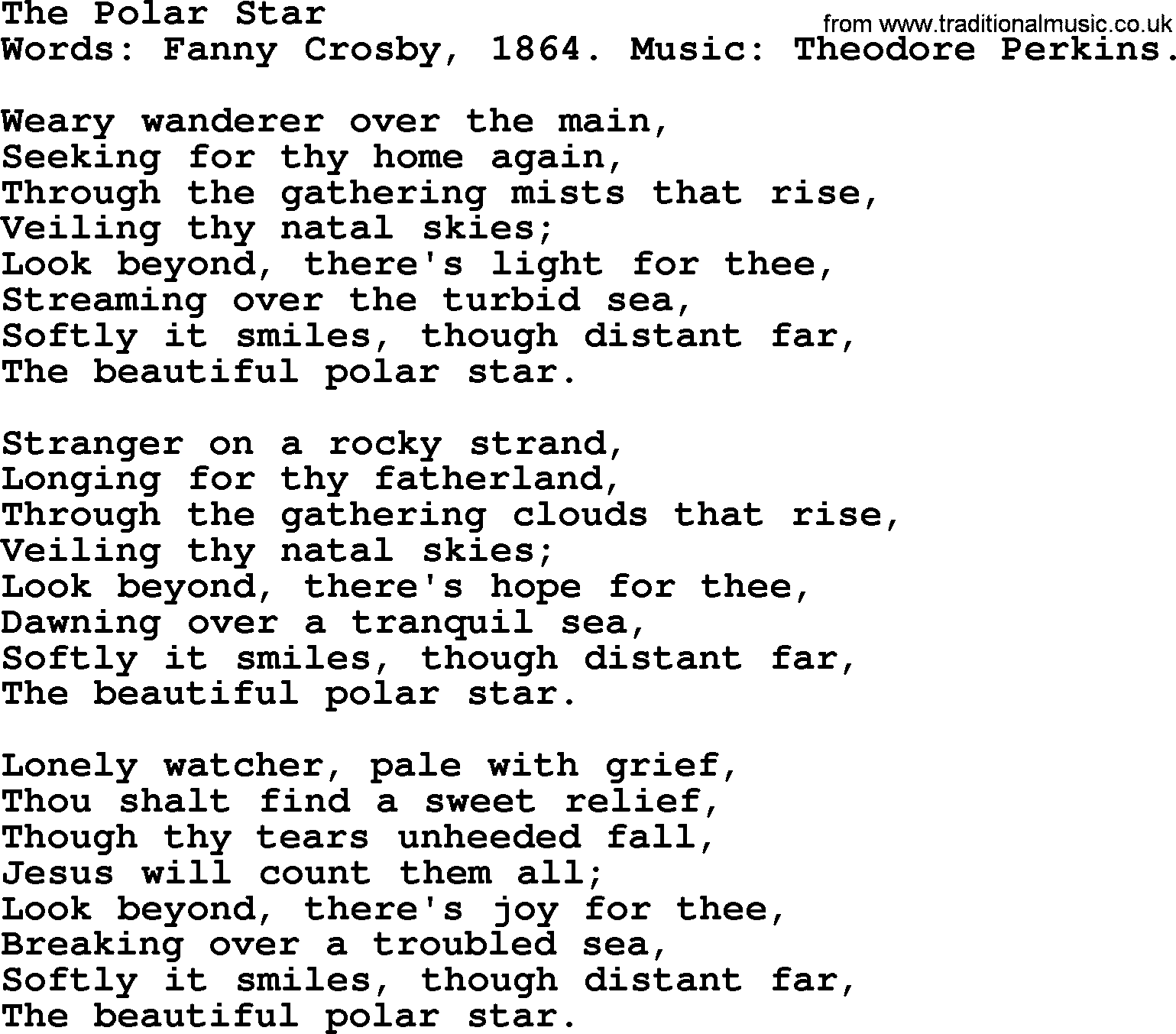 Fanny Crosby song: The Polar Star, lyrics