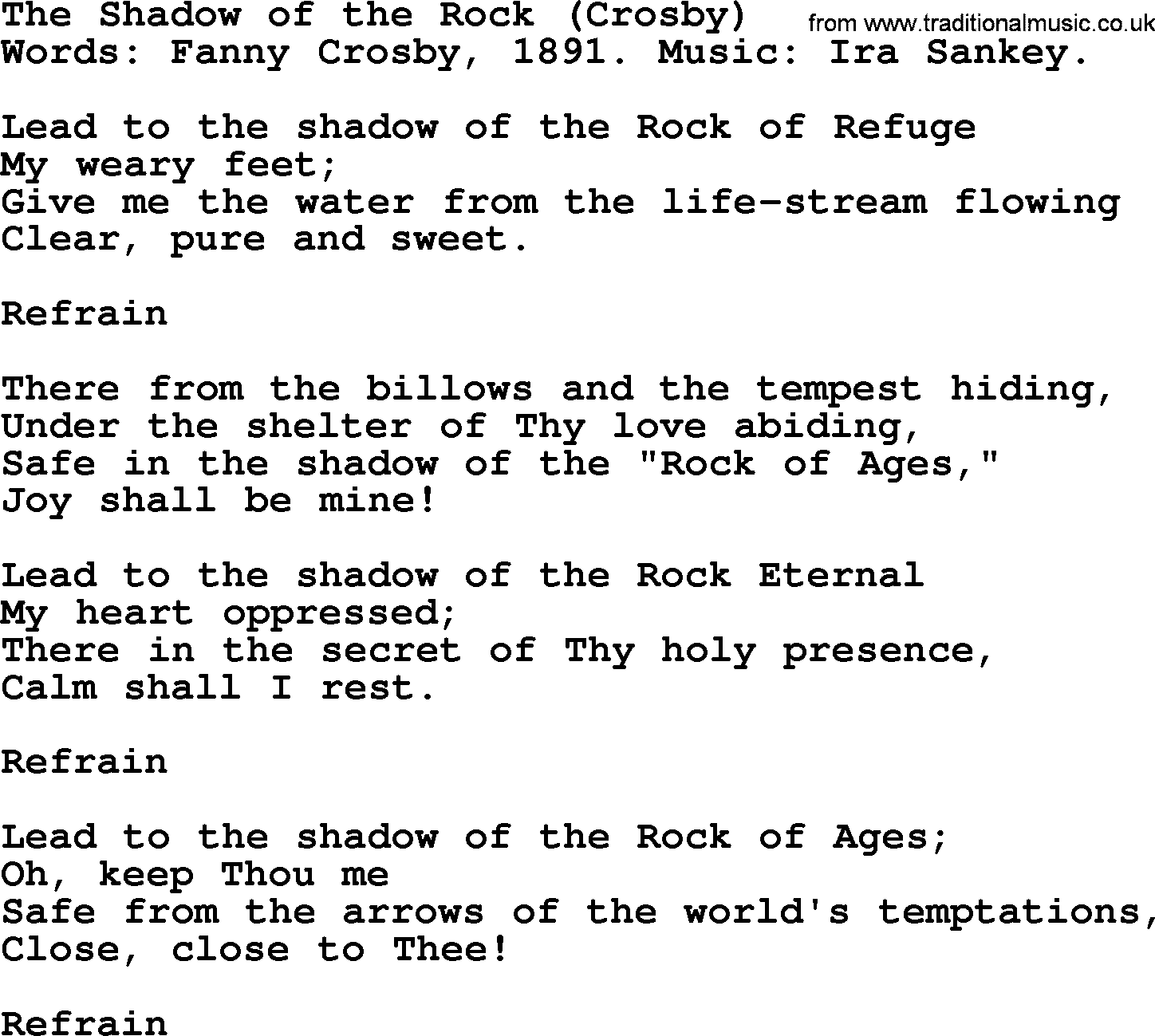 Fanny Crosby song: The Shadow Of The Rock, lyrics
