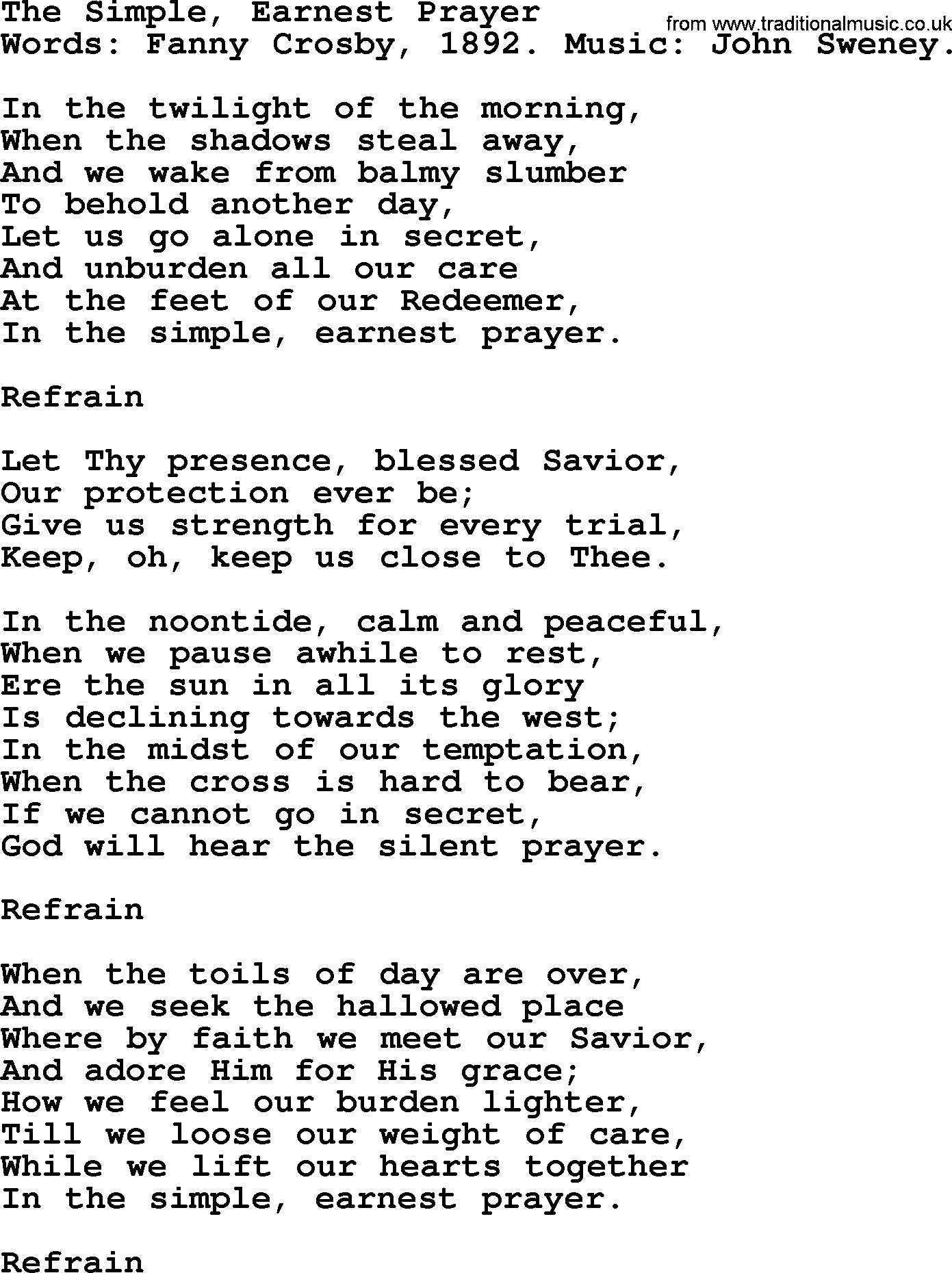 Fanny Crosby song: The Simple, Earnest Prayer, lyrics
