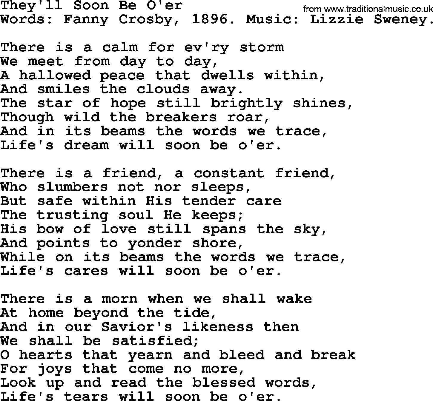 Fanny Crosby song: They'll Soon Be O'er, lyrics