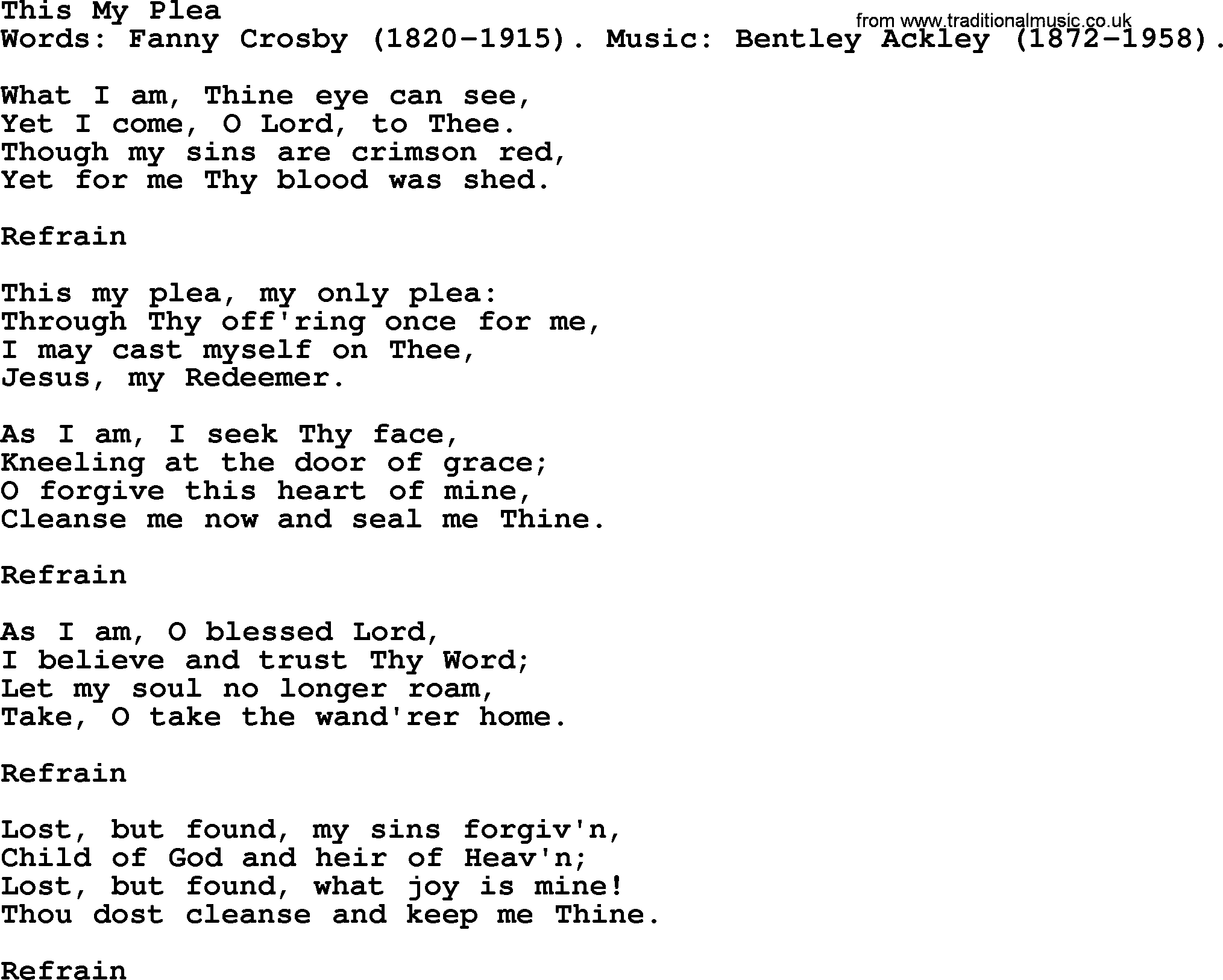 Fanny Crosby song: This My Plea, lyrics