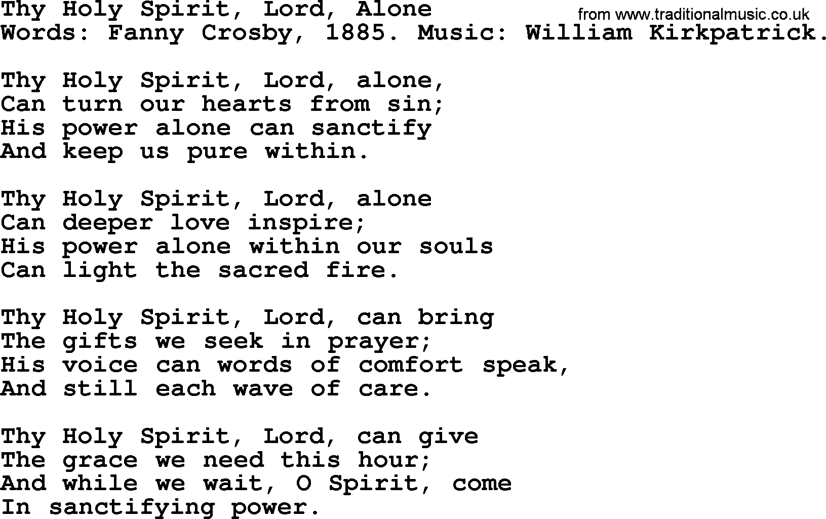 Fanny Crosby song: Thy Holy Spirit, Lord, Alone, lyrics