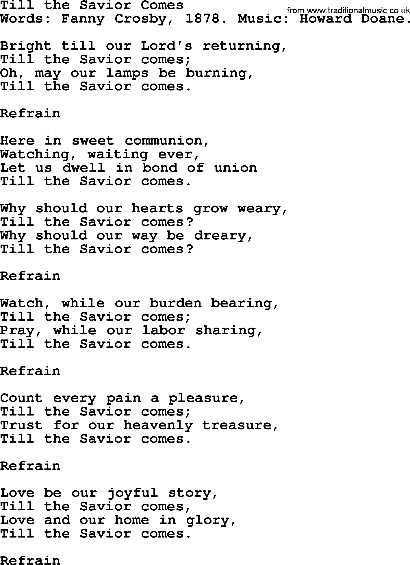 Fanny Crosby song: Till The Savior Comes, lyrics