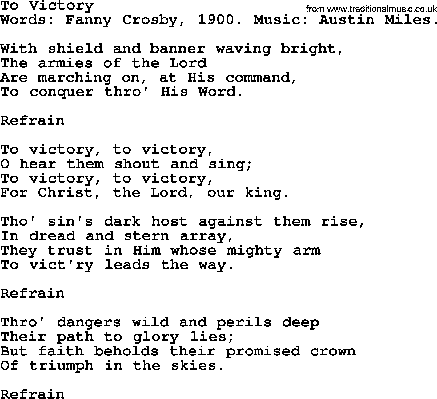 Fanny Crosby song: To Victory, lyrics