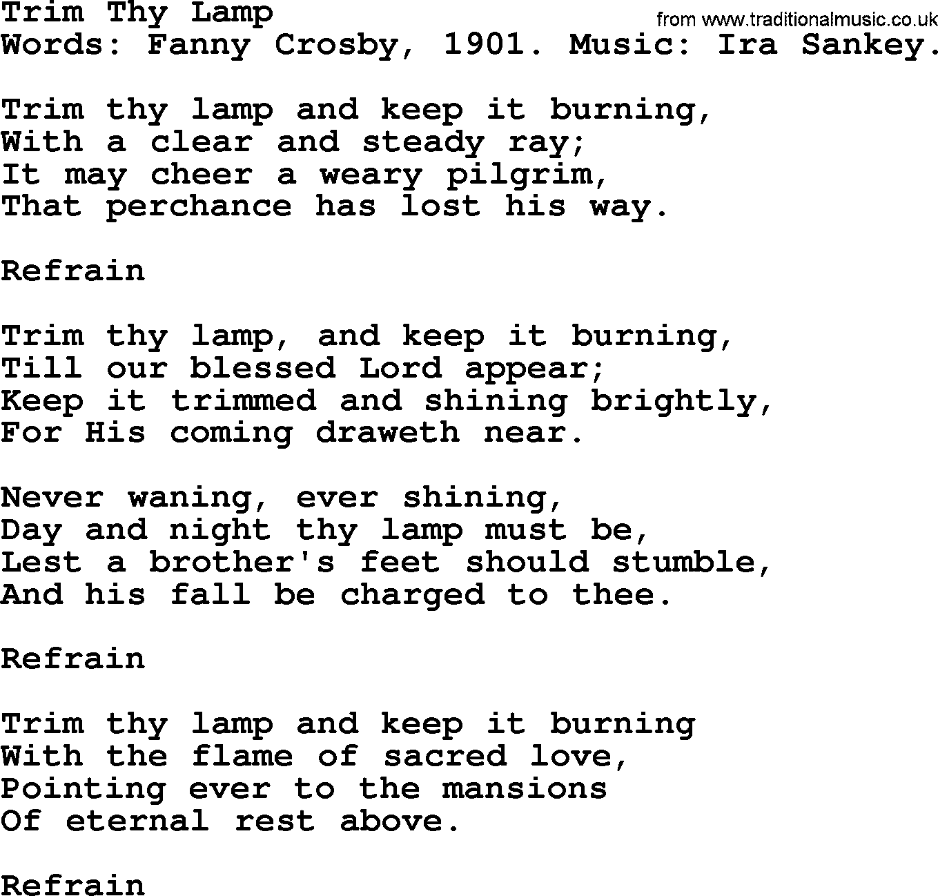 Fanny Crosby song: Trim Thy Lamp, lyrics