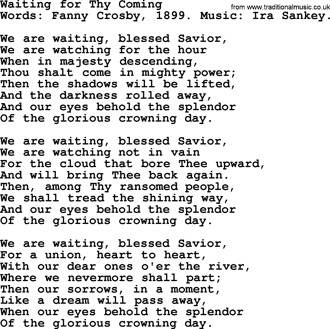 Fanny Crosby song: Waiting For Thy Coming, lyrics