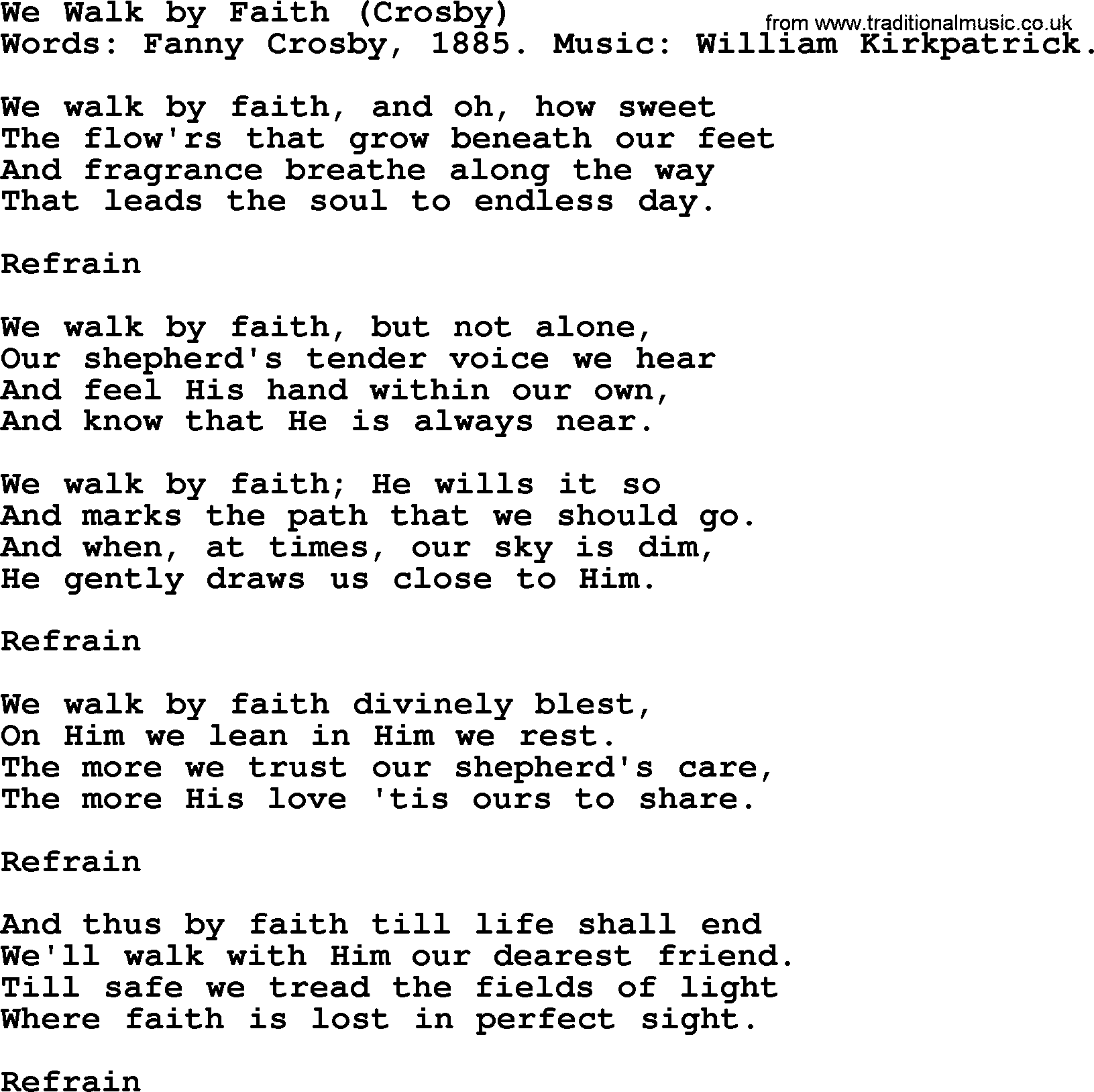Fanny Crosby song: We Walk By Faith, lyrics